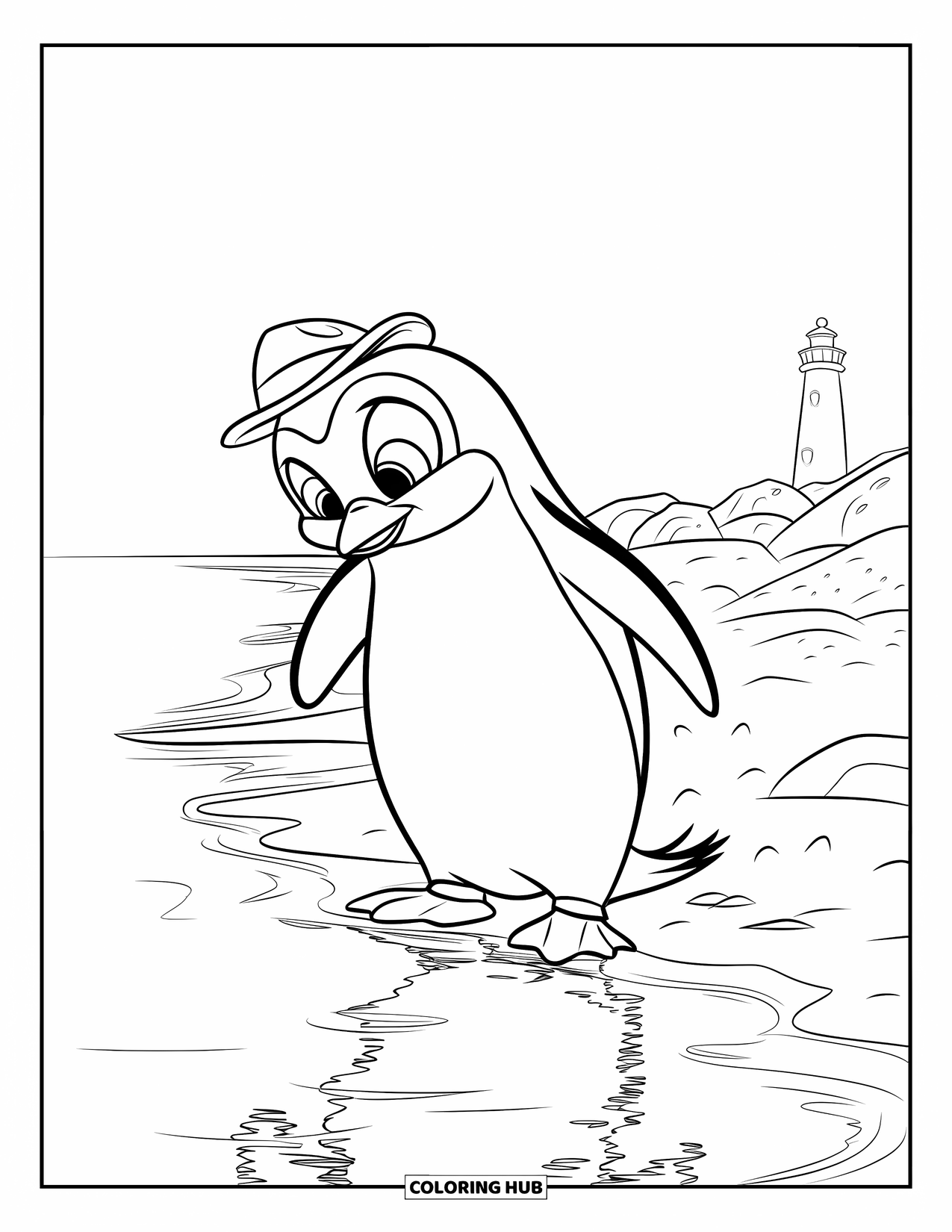 Penguin Coloring Page for Kids: A penguin in a hat stands by the shore, its reflection visible in the water