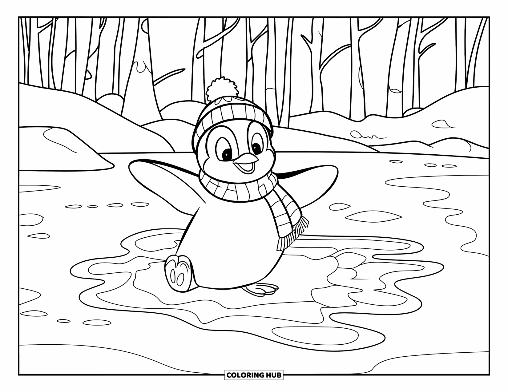 Penguin Coloring Page for Kids: A penguin in a scarf creates angelic snow patterns while lying on the ice