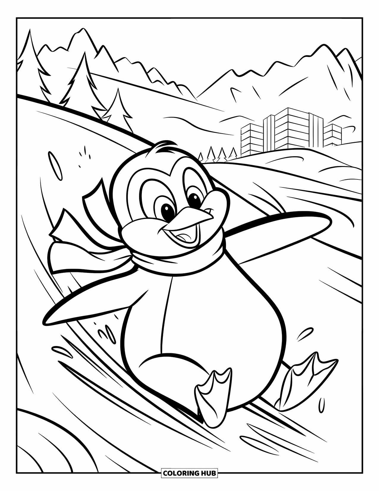 Penguin Coloring Page for Kids: A penguin in a scarf grins as it slides down a snowy hill past trees and mountains