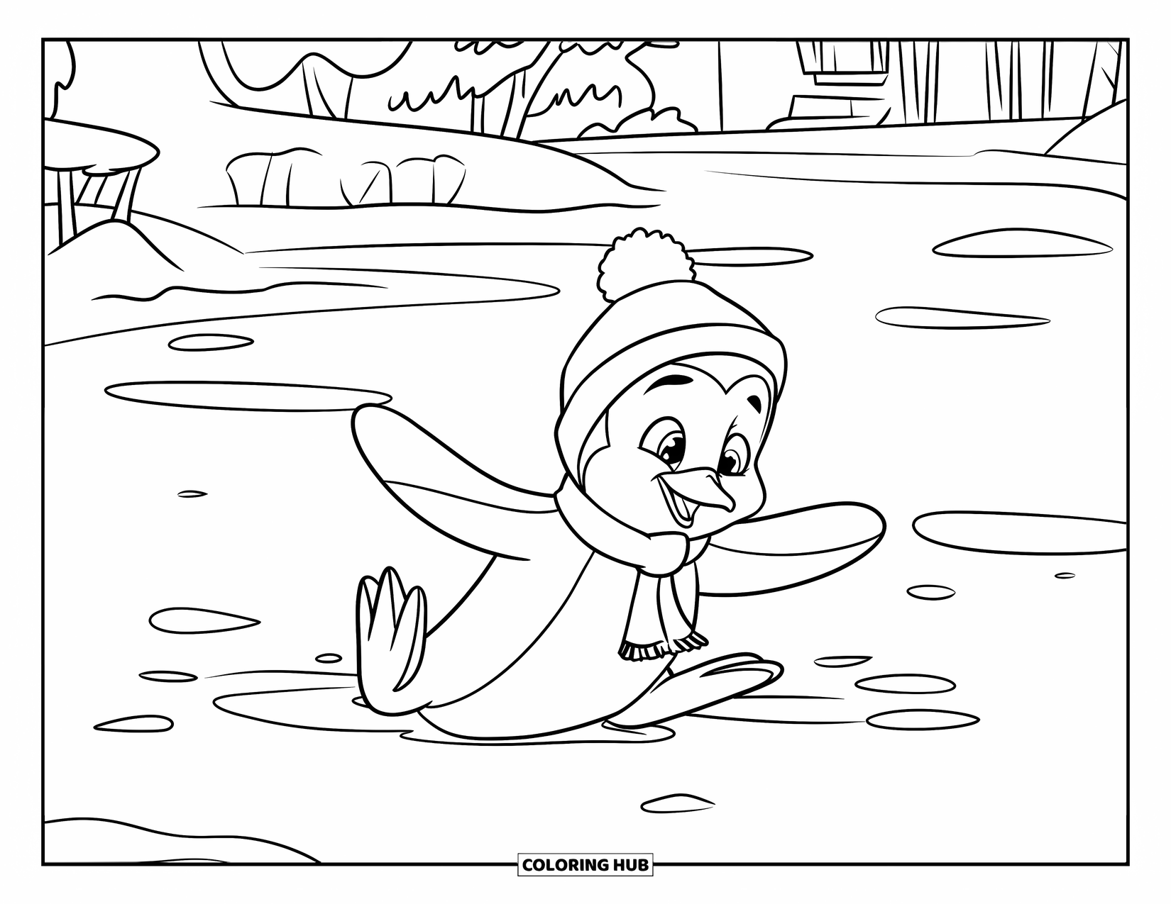 Penguin Coloring Page for Kids: A penguin in a scarf makes a snow angel on a frozen lake