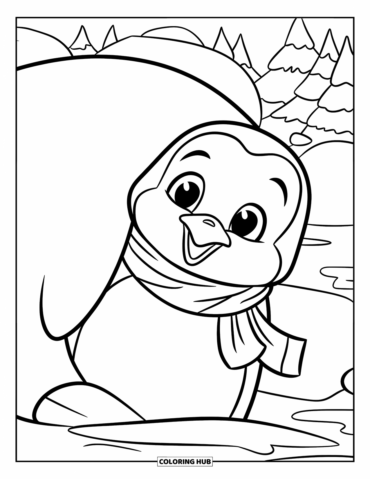 Penguin Coloring Page for Kids: A penguin in a scarf playfully hides behind a giant snowball with trees in the background