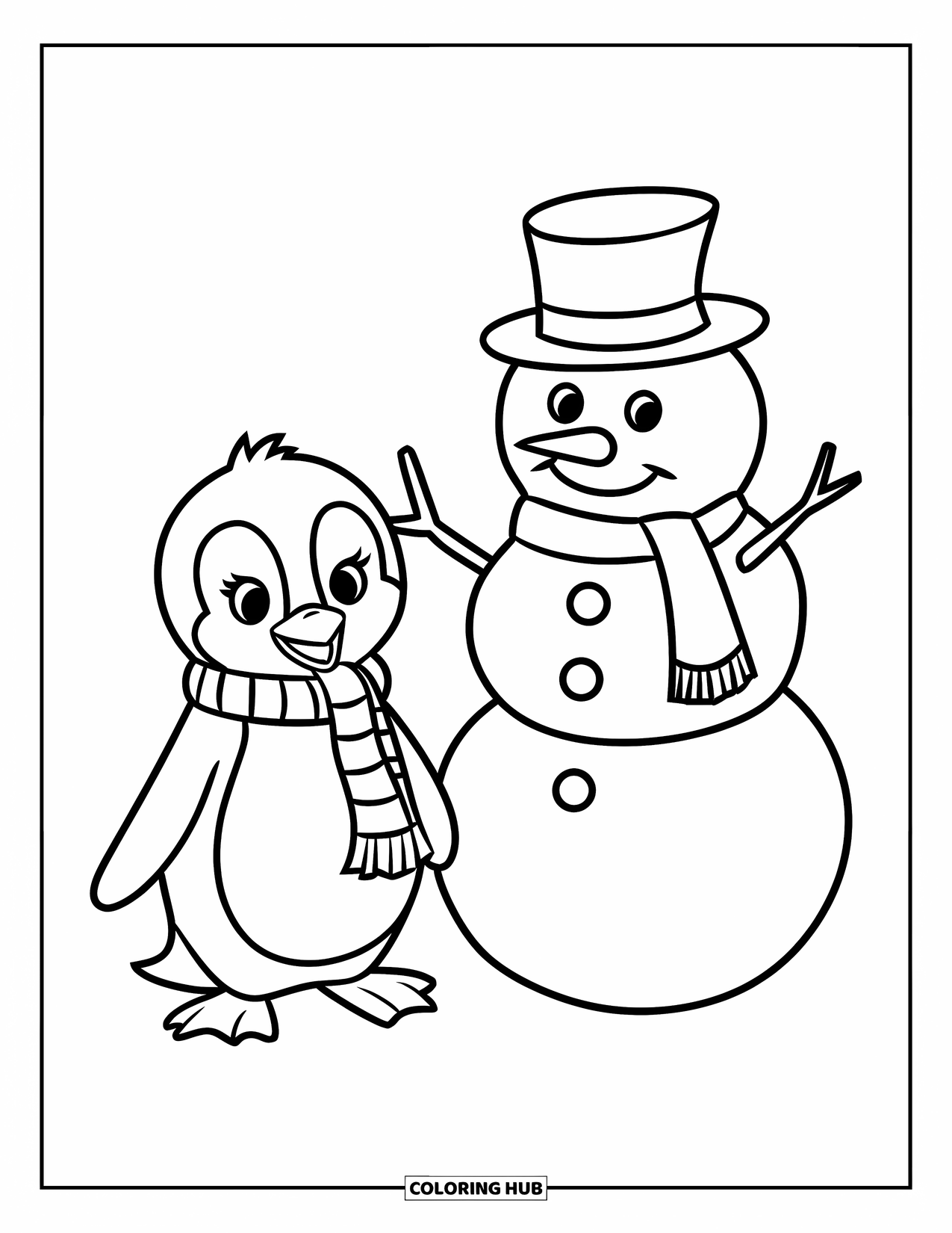 Penguin Coloring Page for Kids: A penguin in a scarf stands beside a friendly snowman in a snowy setting