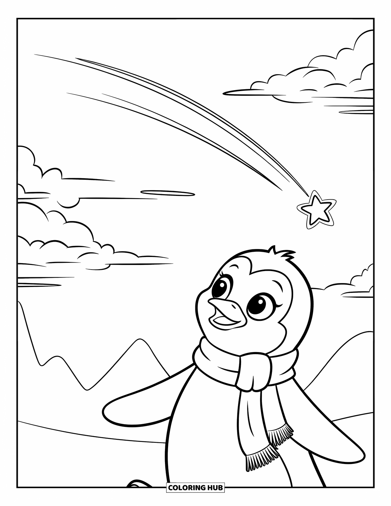 Penguin Coloring Page for Kids: A penguin in a scarf watches a shooting star above a mountain landscape