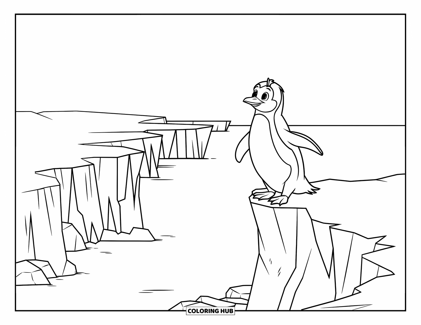 Penguin Coloring Page for Kids: A penguin in a small hat stands atop a cliff, overlooking icy waters and towering cliffs
