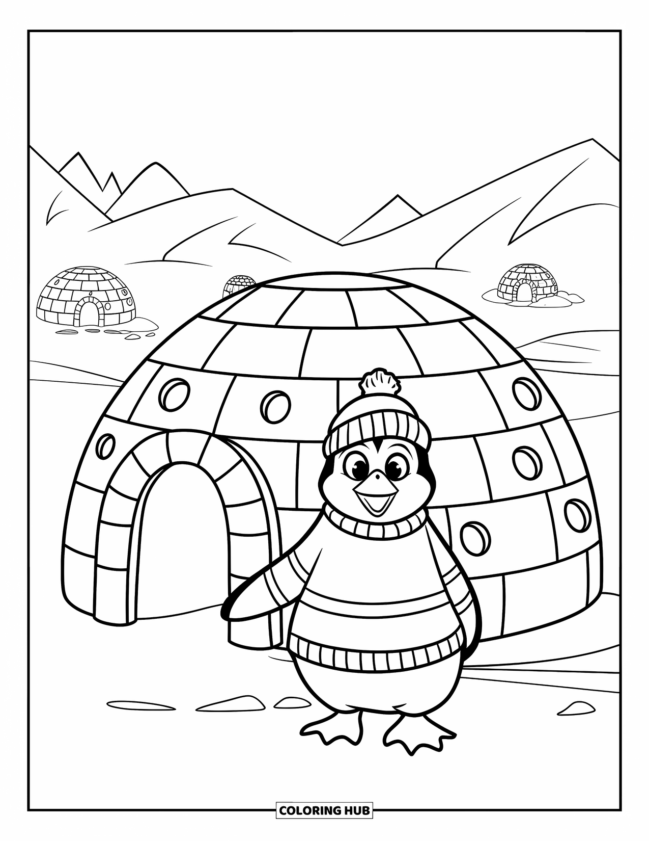 Penguin Coloring Page for Kids: A penguin in a striped sweater and blue hat stands near an igloo village