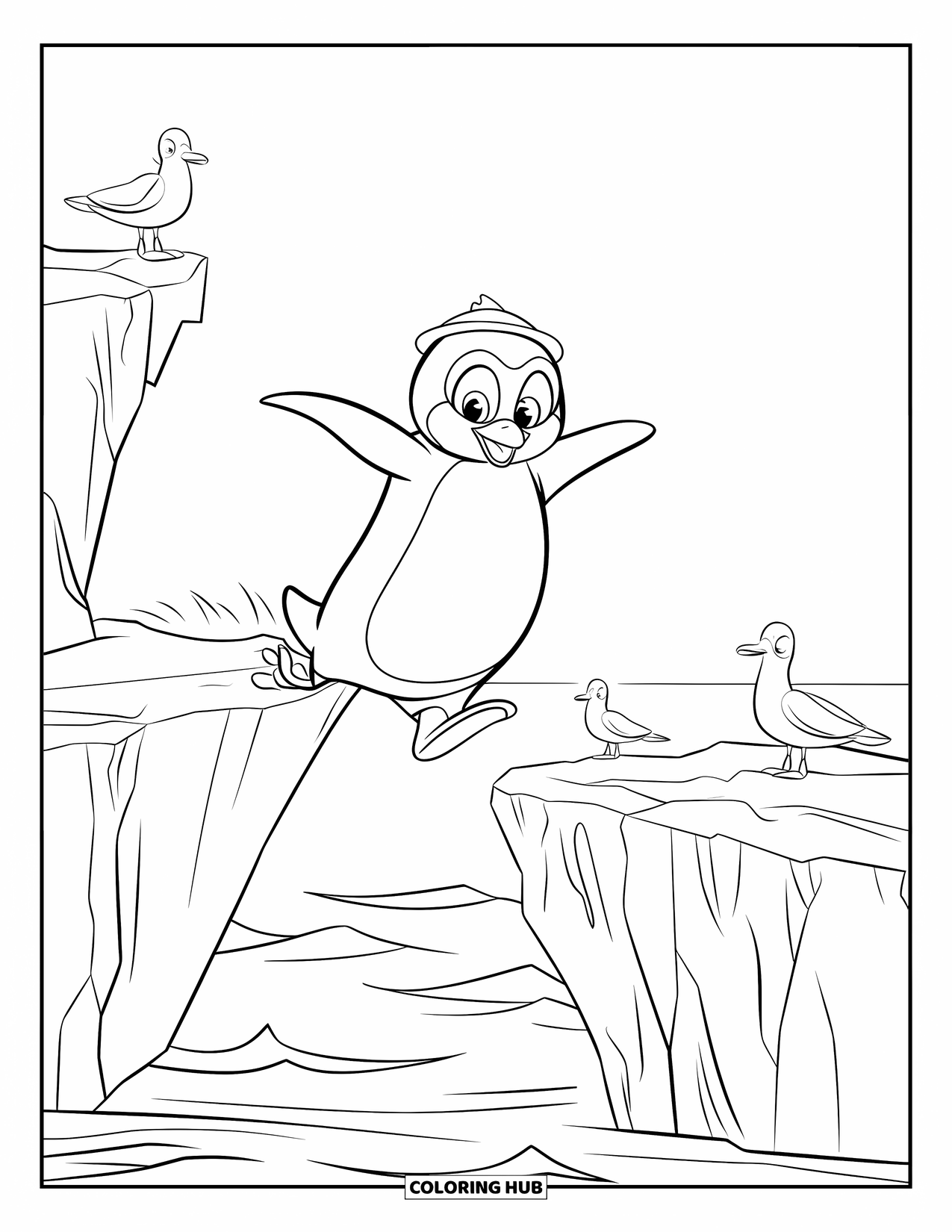 Penguin Coloring Page for Kids: A penguin in a tiny hat leaps between two icebergs with seagulls nearby