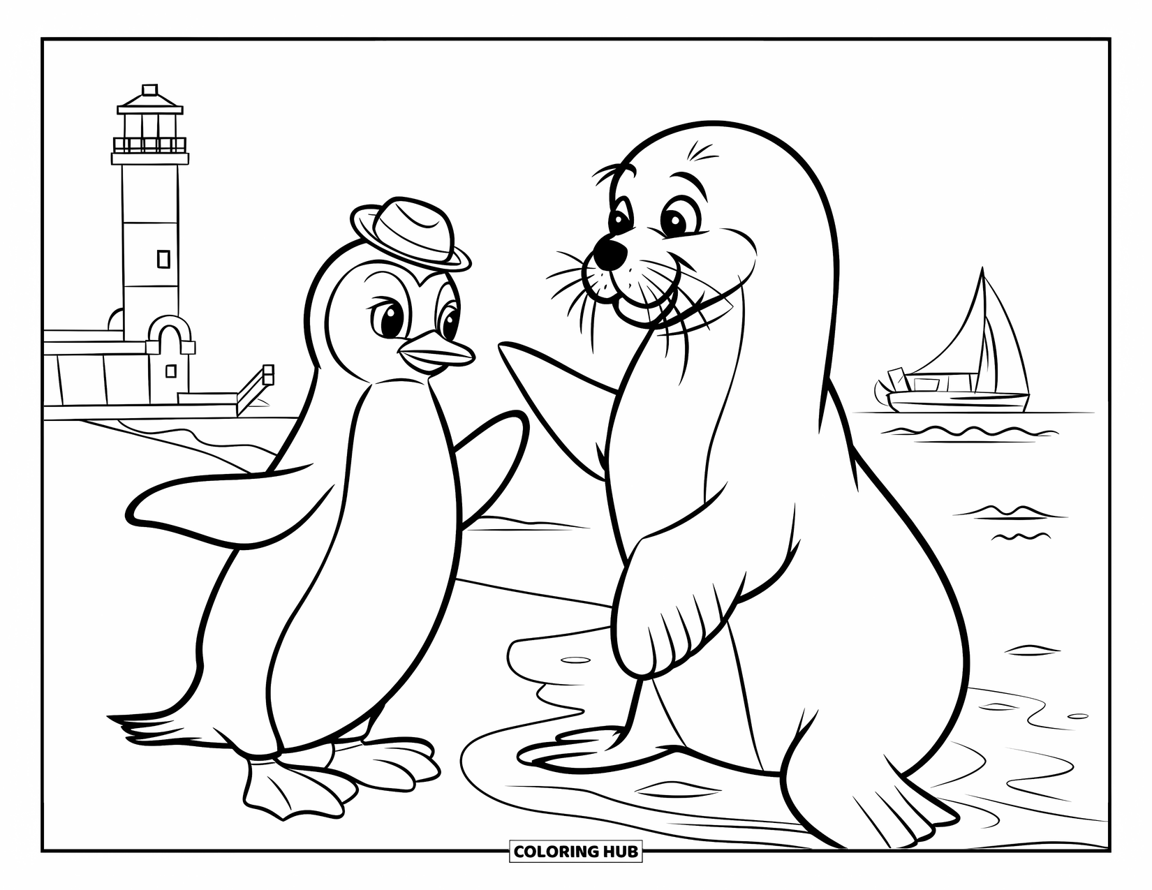 Penguin Coloring Page for Kids: A penguin in a tiny hat reaches out to a curious seal near a lighthouse