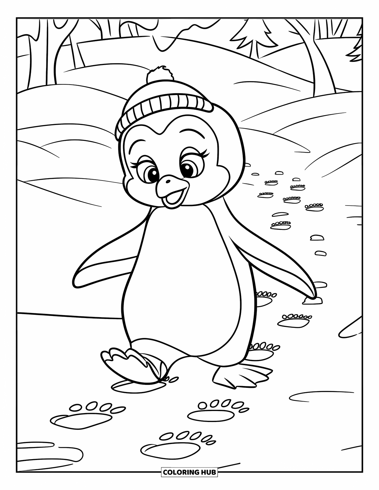 Penguin Coloring Page for Kids: A penguin in a tiny hat waddles through snowy hills, leaving footprints behind