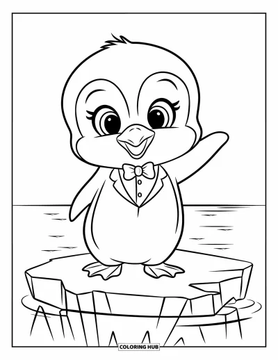 Çocuklar için Penguen Boyama Sayfası: Minik smokinli bir penguen açık sularda çatlamış bir buzdağından el sallıyor