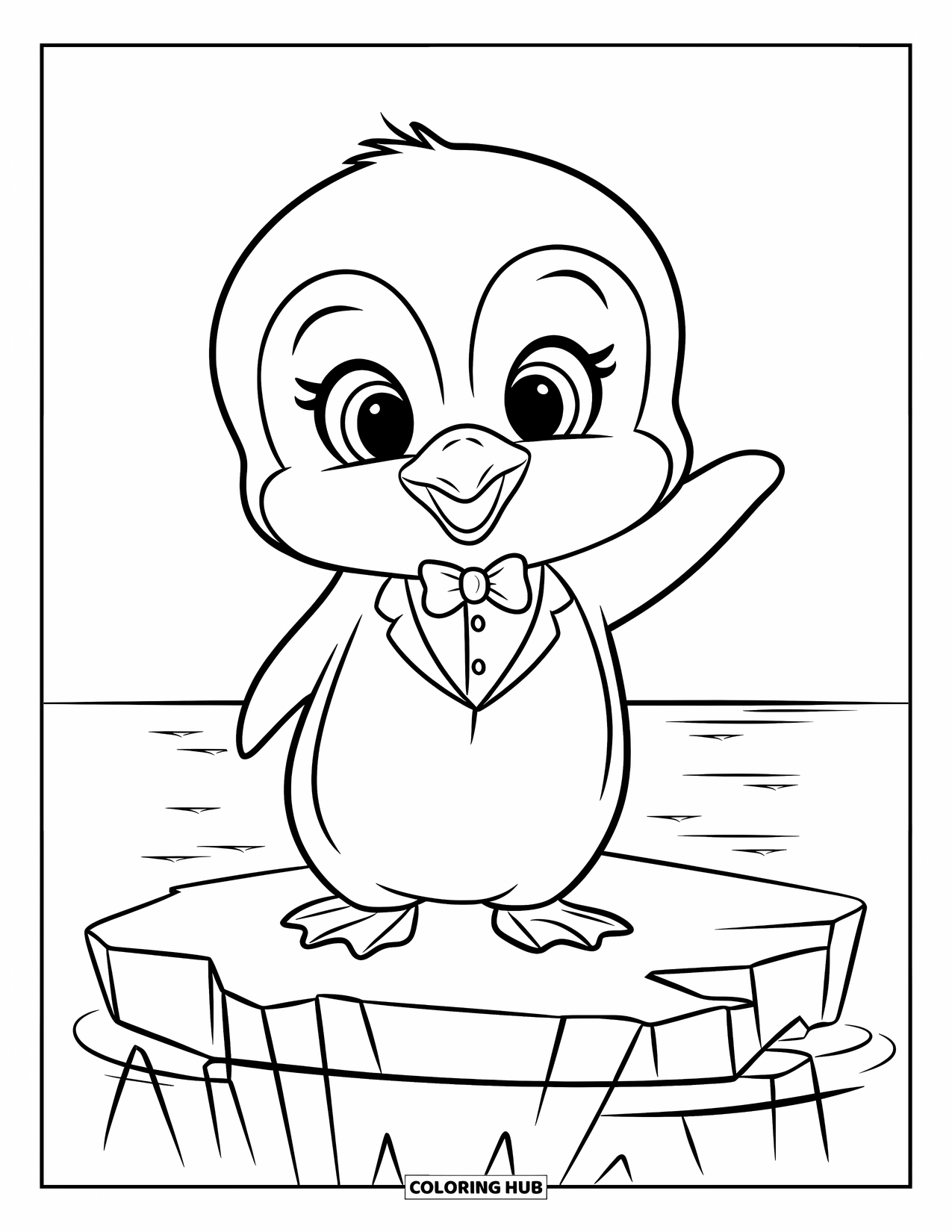Penguin Coloring Page for Kids: A penguin in a tiny tuxedo waves from a cracked iceberg in open waters