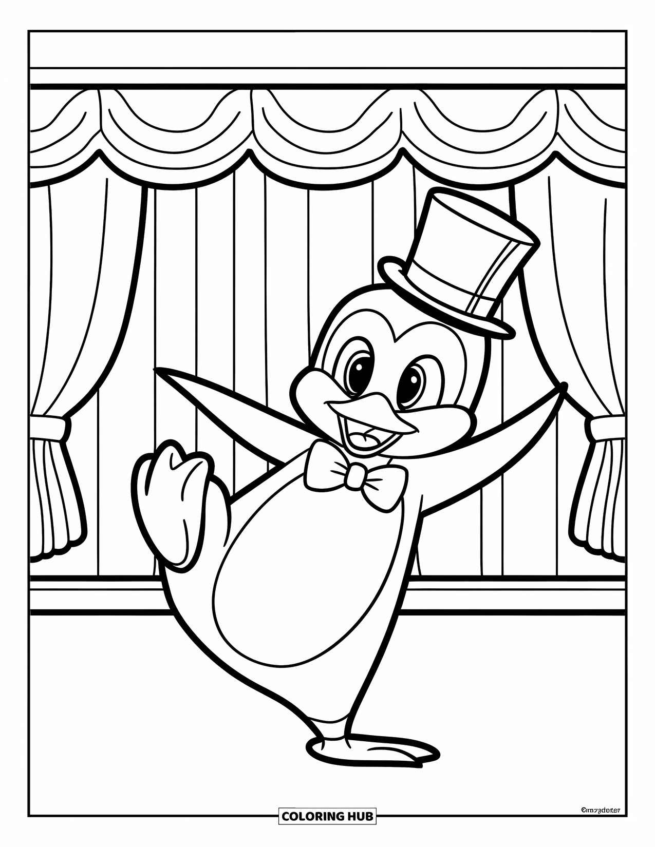 Penguin Coloring Page for Kids: A penguin in a top hat and bowtie dances on a stage with curtains