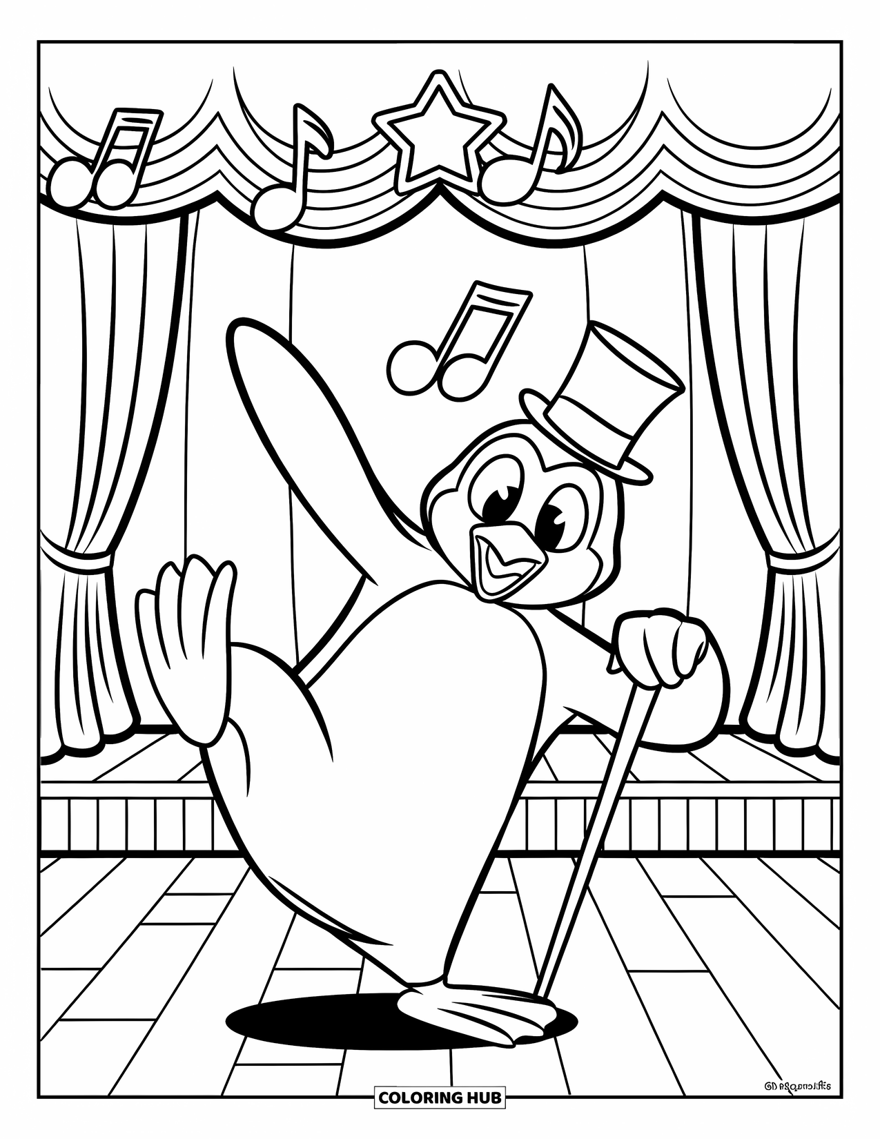 Penguin Coloring Page for Kids: A penguin in a top hat and cane dances under musical notes and a star