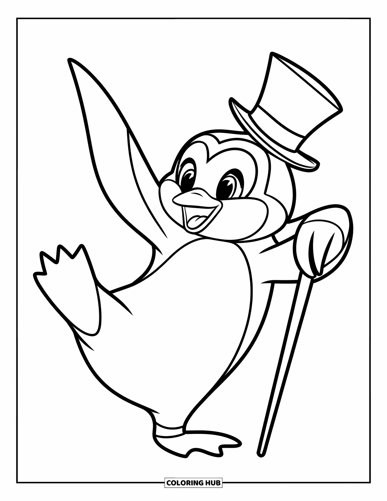Penguin Coloring Page for Kids: A penguin in a top hat and cane performs a silly dance move