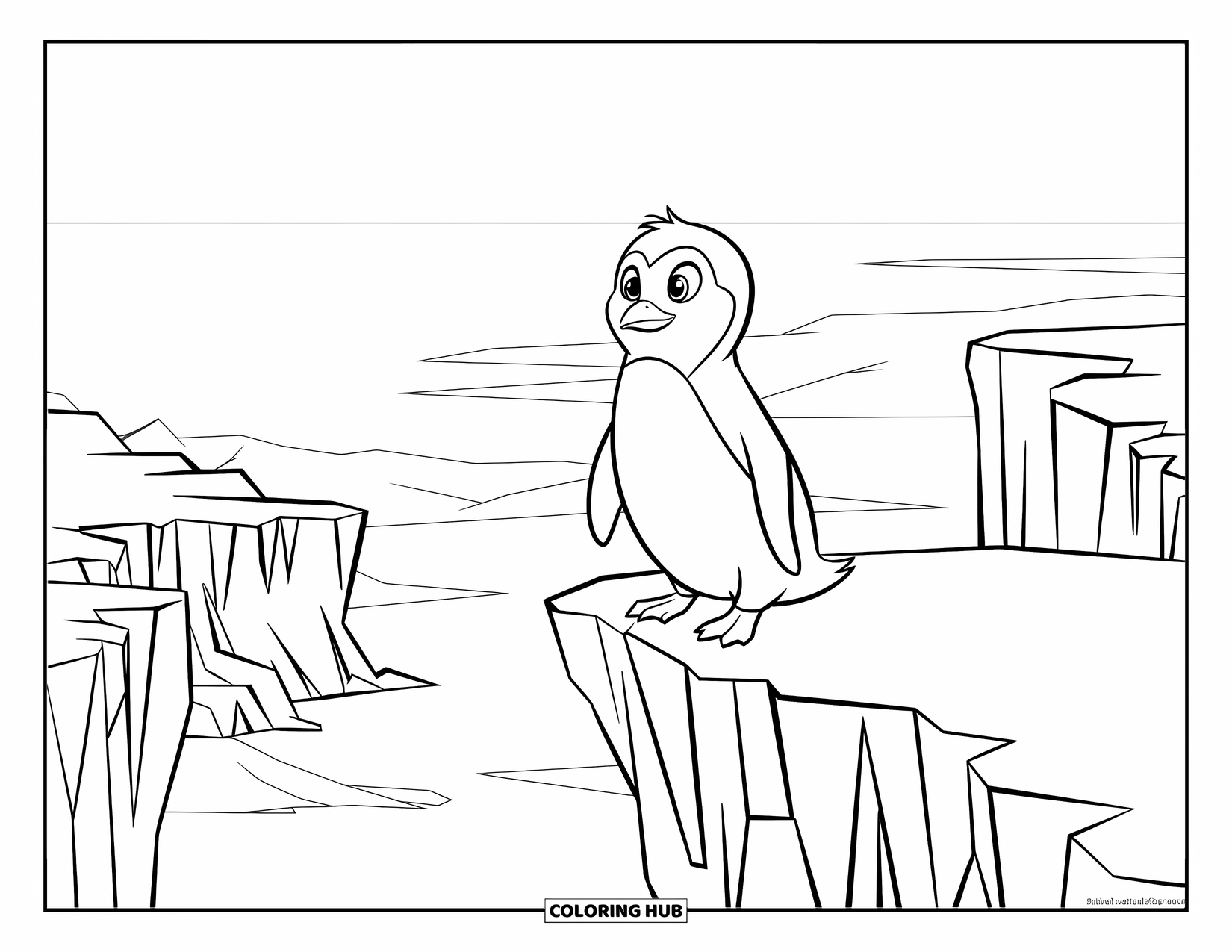 Penguin Coloring Page for Kids: A penguin in a tuxedo stands on a snowy cliff, overlooking the Antarctic landscape