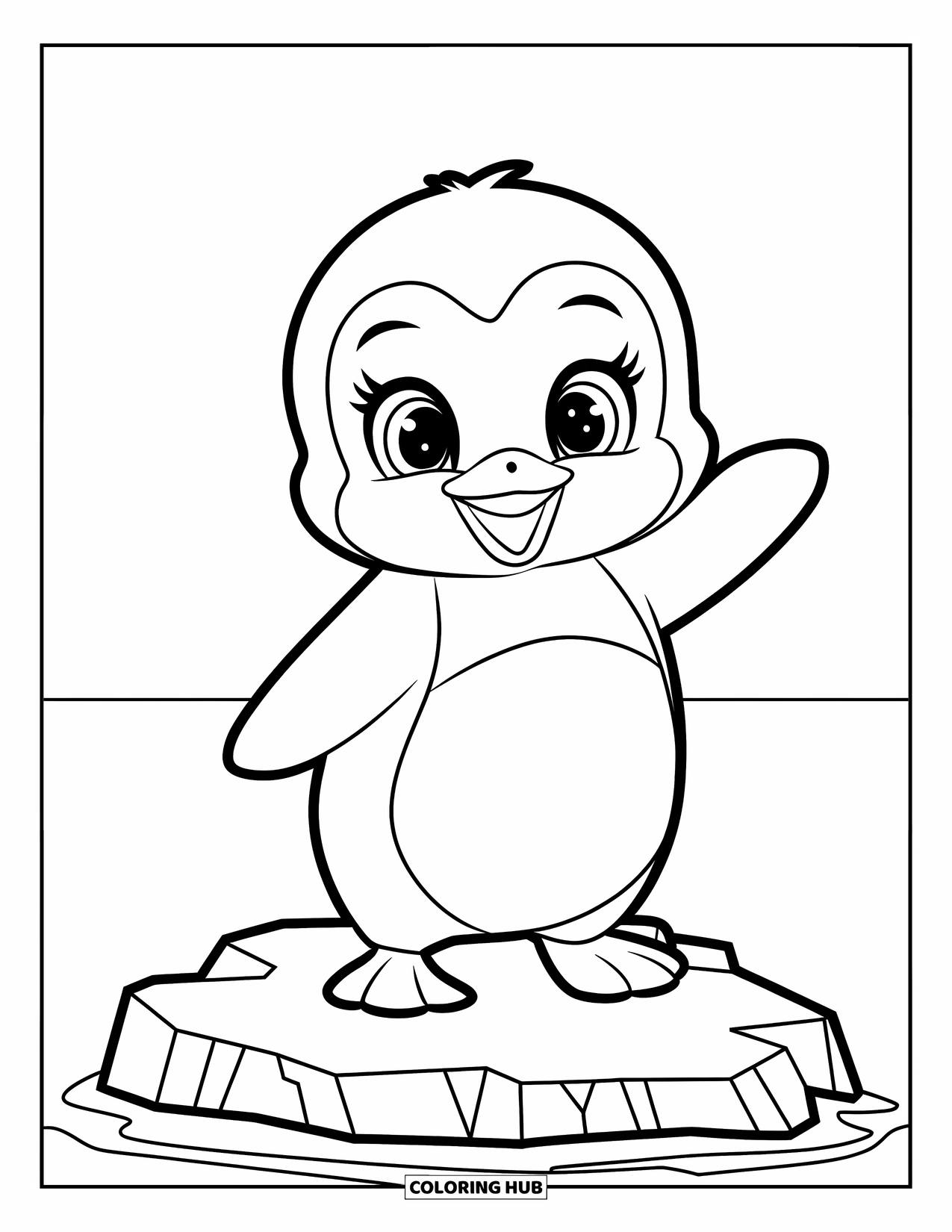 Penguin Coloring Page for Kids: A penguin in a tuxedo stands on an iceberg, waving its tiny flippers at the sky