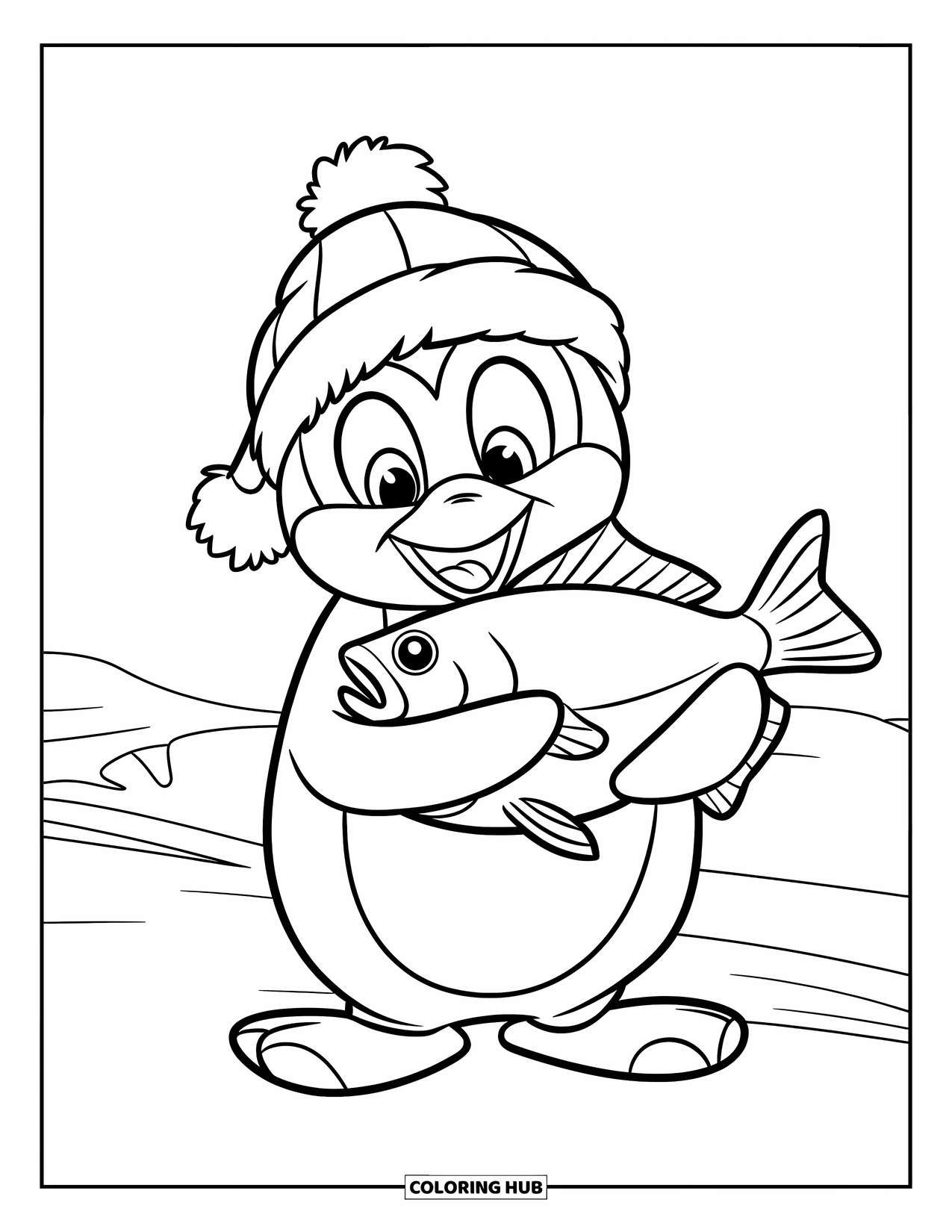 Penguin Coloring Page for Kids: A penguin in a winter hat stands in the snow, holding a freshly caught fish
