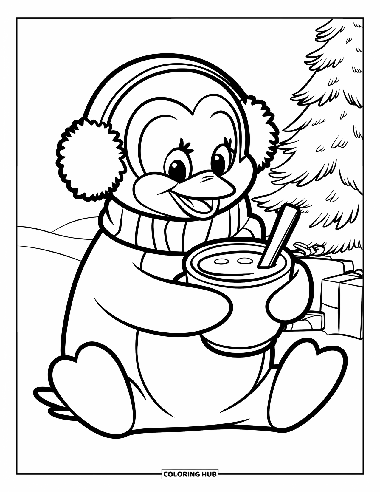 Penguin Coloring Page for Kids: A penguin in earmuffs enjoys a warm cup of cocoa in the snow