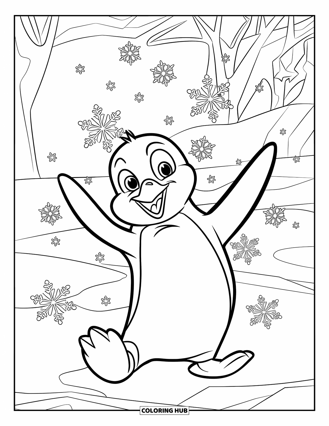 Penguin Coloring Page for Kids: A penguin joyfully tries to catch falling snowflakes with its flippers