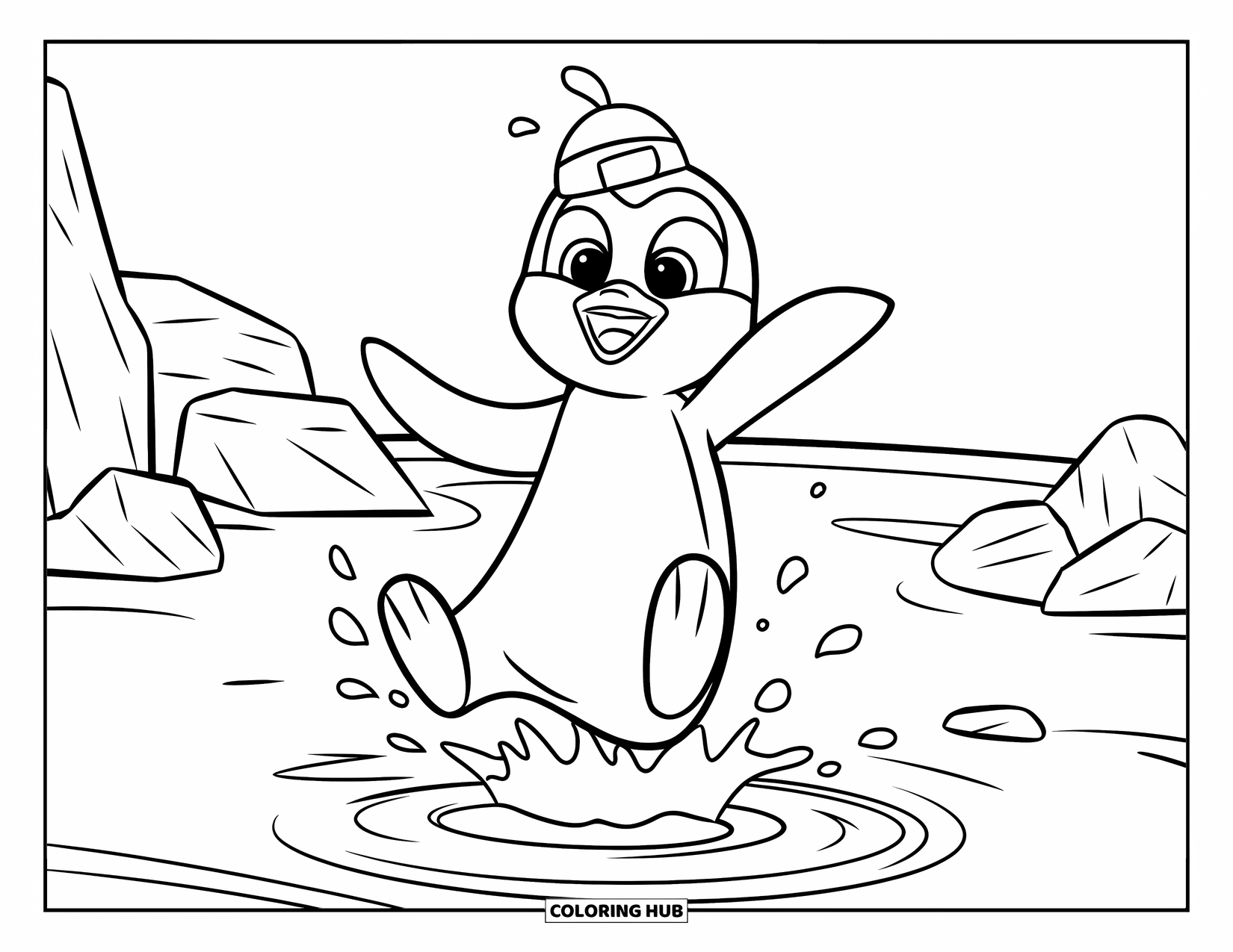 Penguin Coloring Page for Kids: A penguin jumps into a lake, sending ripples across the calm water