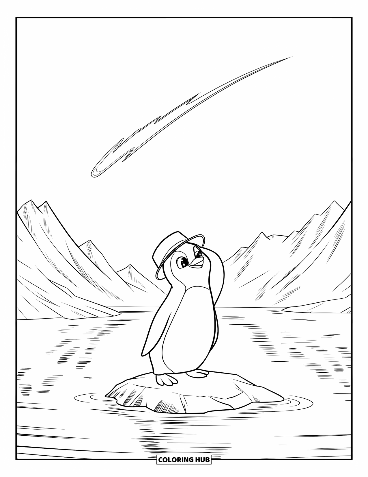 Penguin Coloring Page for Kids: A penguin on a rock looks up as a shooting star streaks across the sky