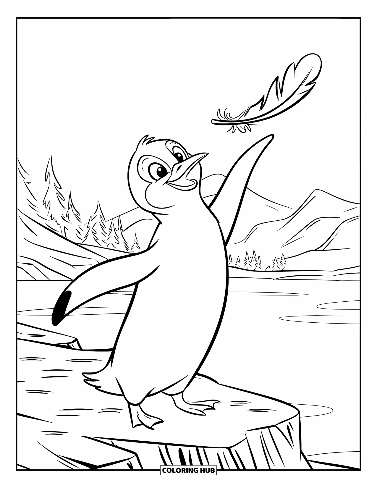 Penguin Coloring Page for Kids: A penguin on rocky terrain reaches for a feather near a serene mountain lake
