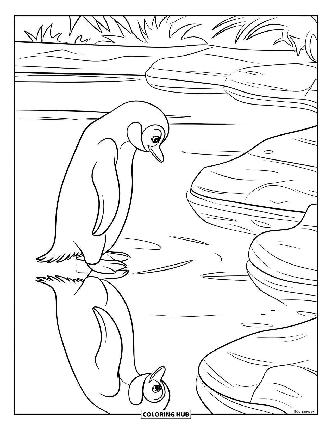 Penguin Coloring Page for Kids: A penguin peers into calm water, seeing its reflection on the surface
