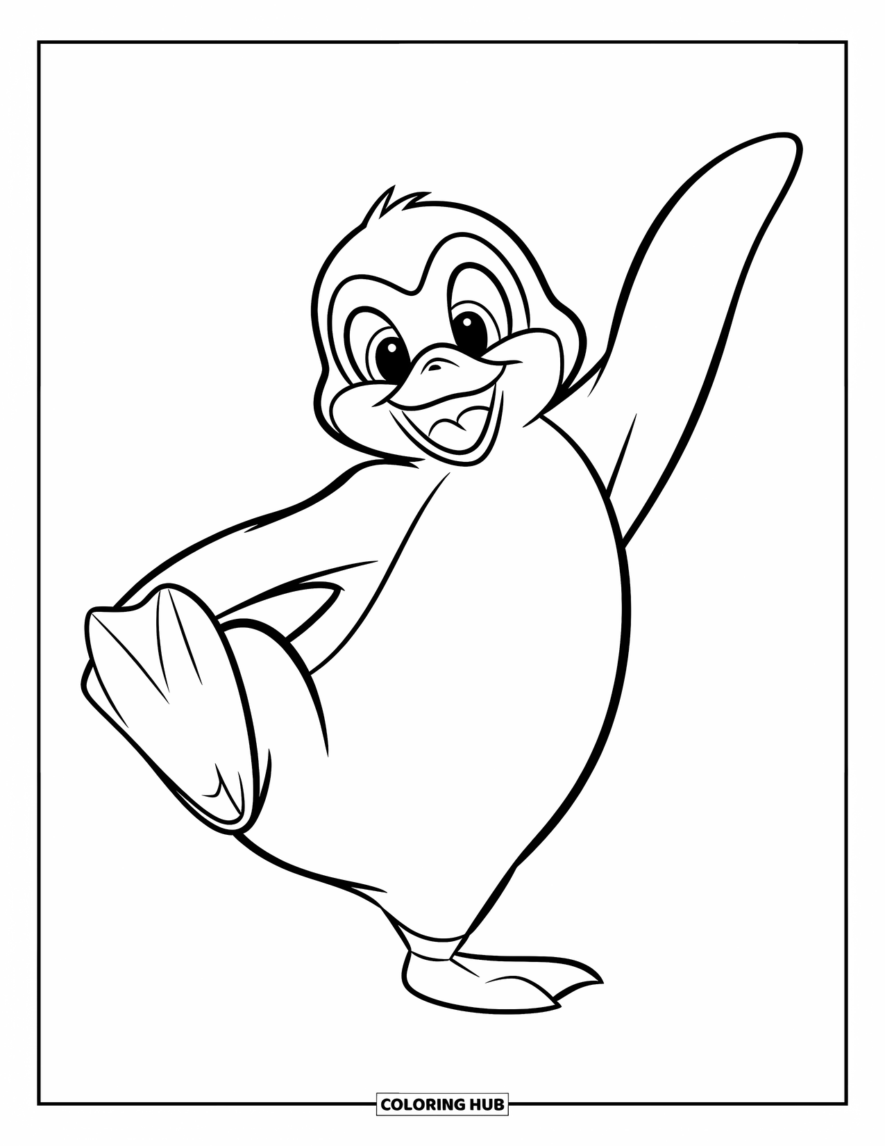 Penguin Coloring Page for Kids: A penguin raises one foot in a playful dance move on a blank background