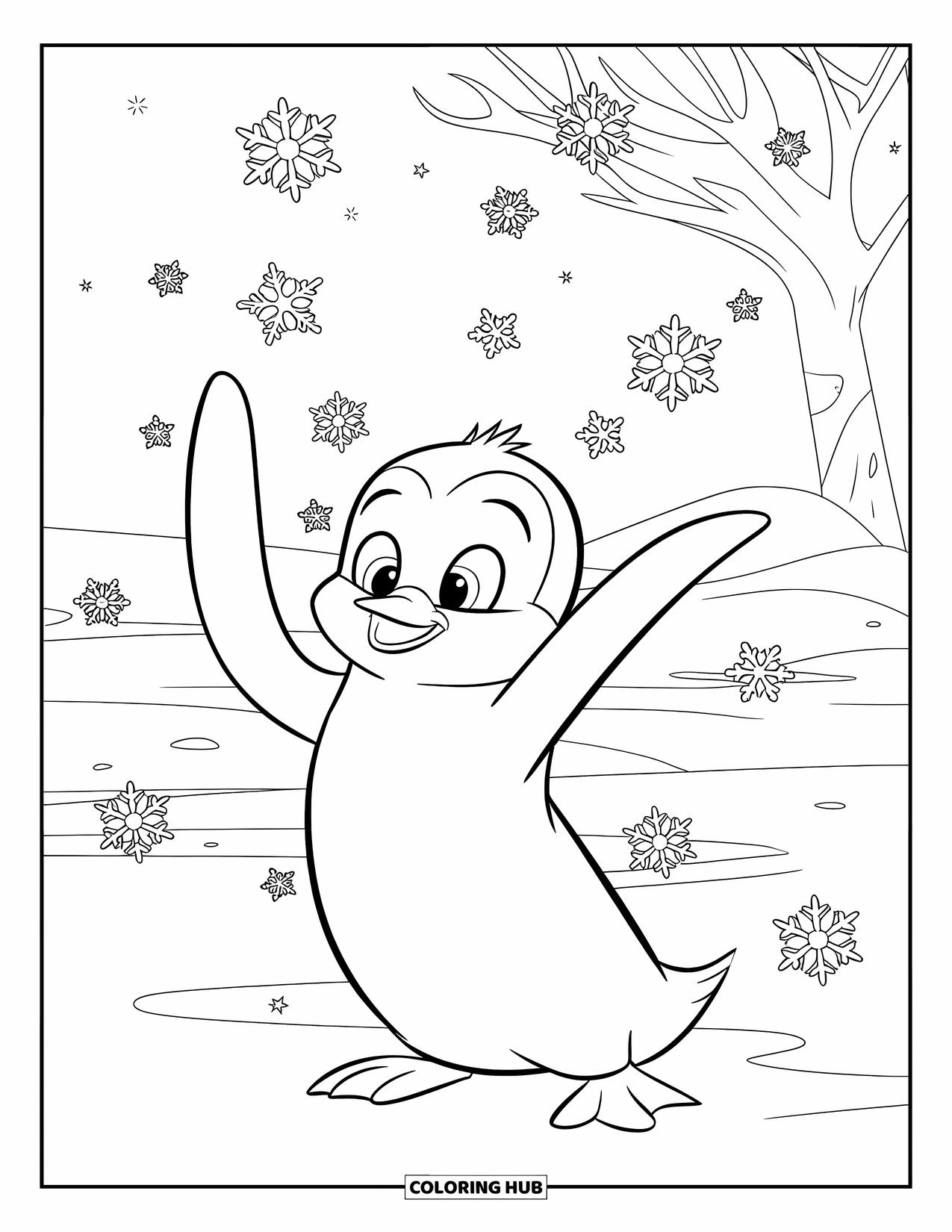 Penguin Coloring Page for Kids: A penguin reaches for snowflakes as they fall from a starry sky