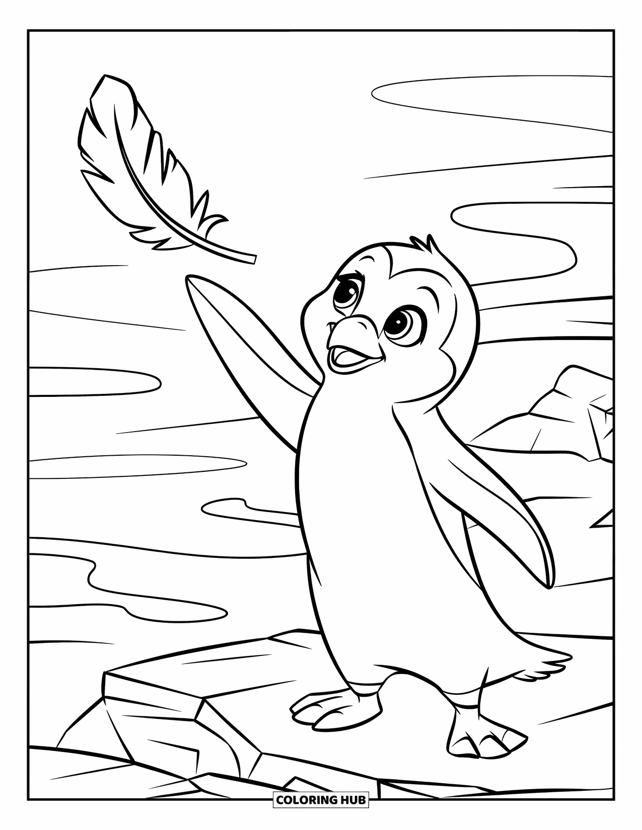 Penguin Coloring Page for Kids: A penguin reaches out to touch a feather floating on the wind