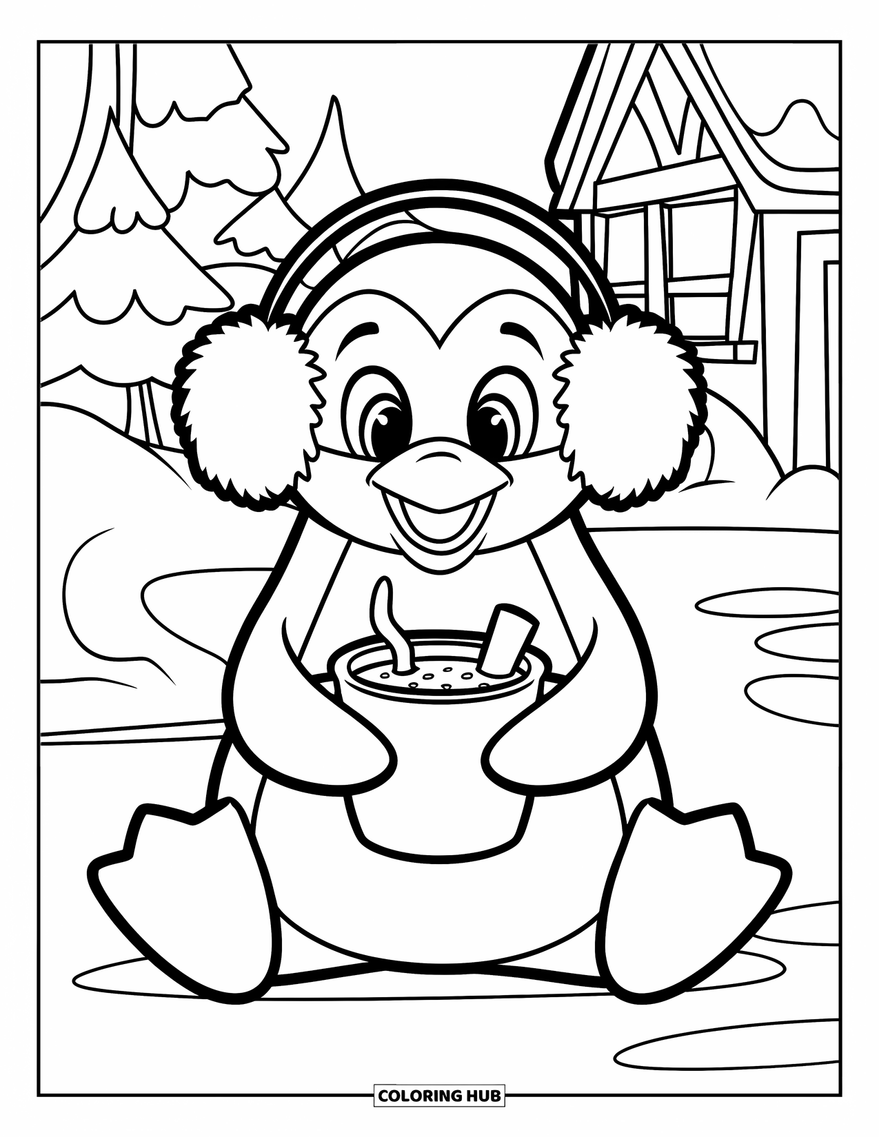 Penguin Coloring Page for Kids: A penguin sips hot cocoa while sitting near a snow-covered cottage