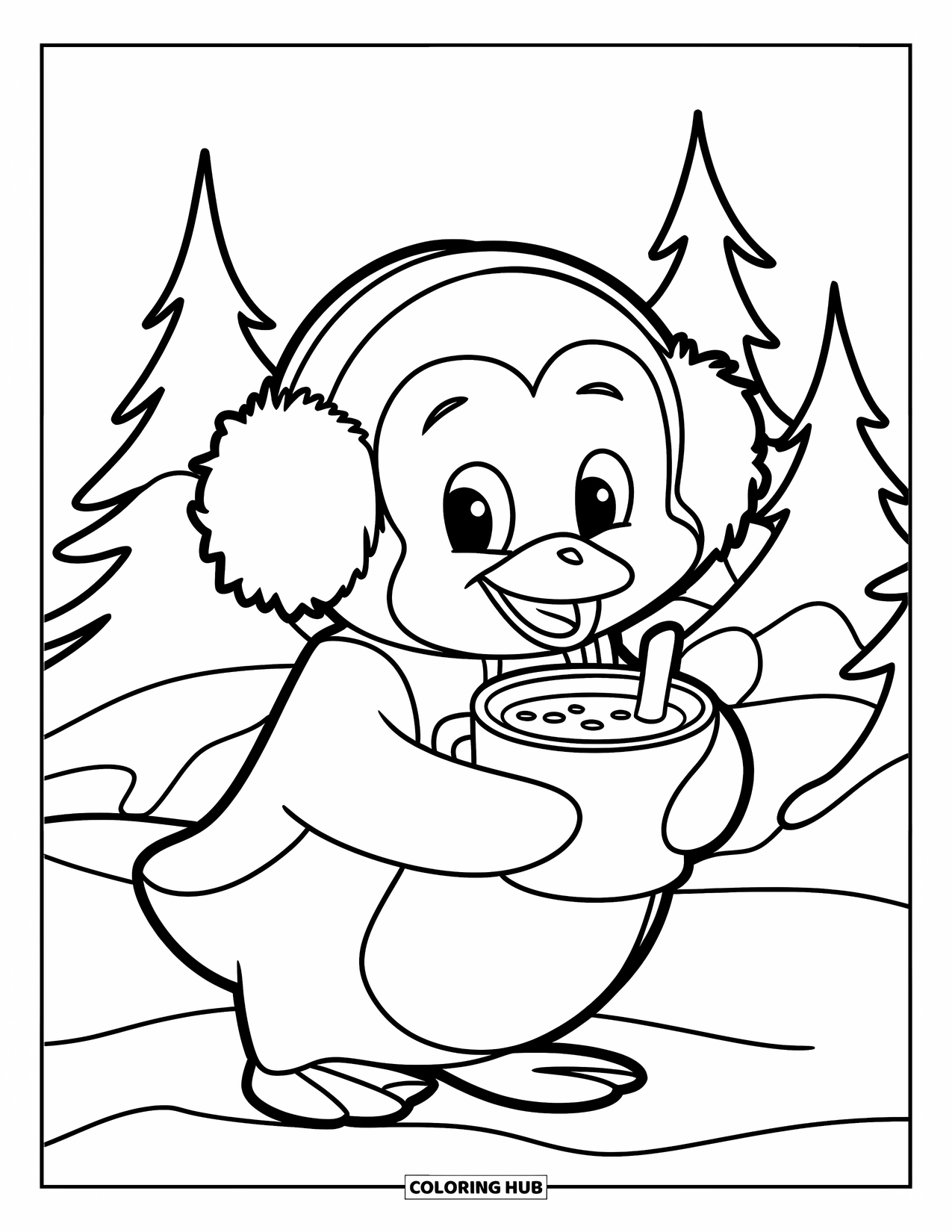 Penguin Coloring Page for Kids: A penguin stands in the snow, holding cocoa, with pine trees behind it