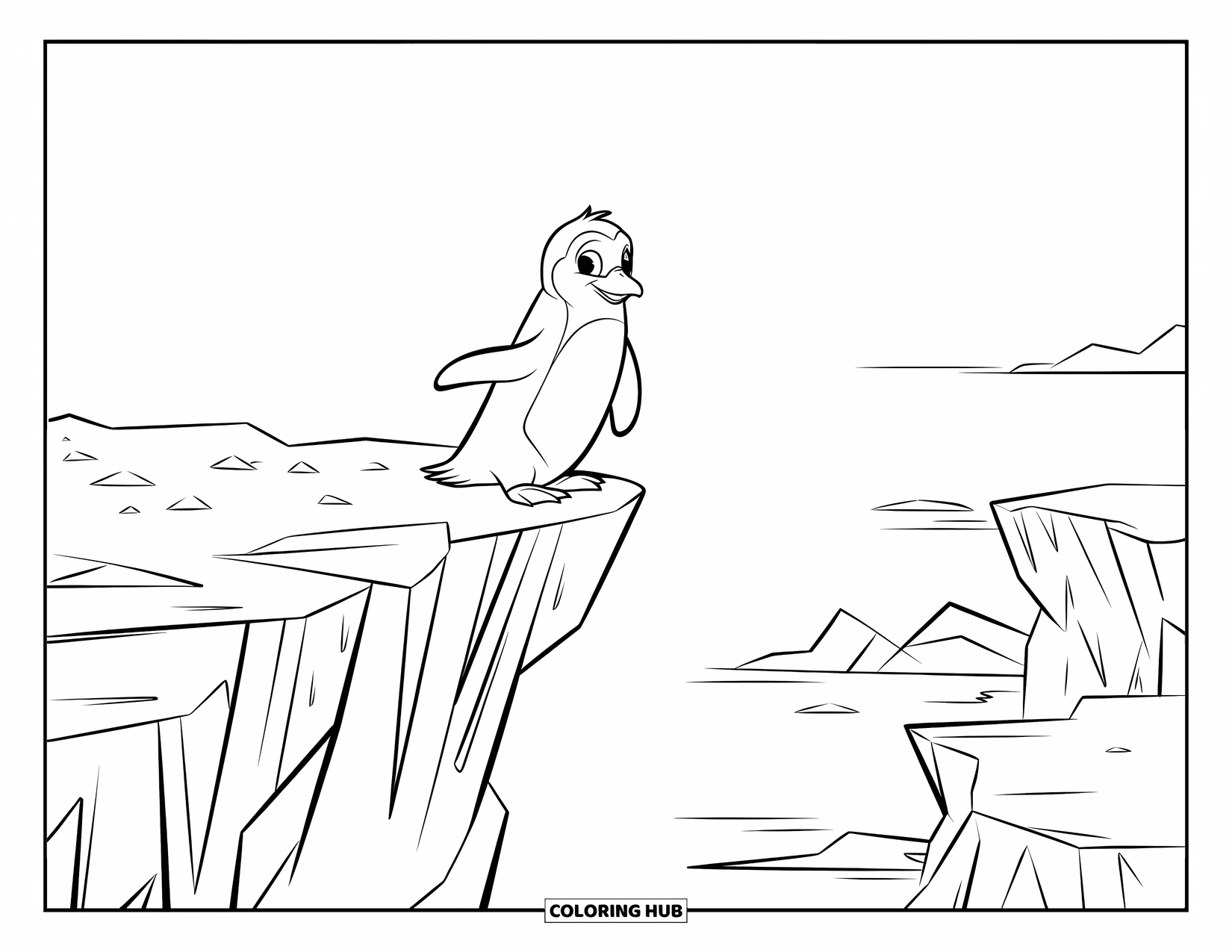 Penguin Coloring Page for Kids: A penguin stands on a jagged, snowy cliff, smiling at the vast Antarctic scenery