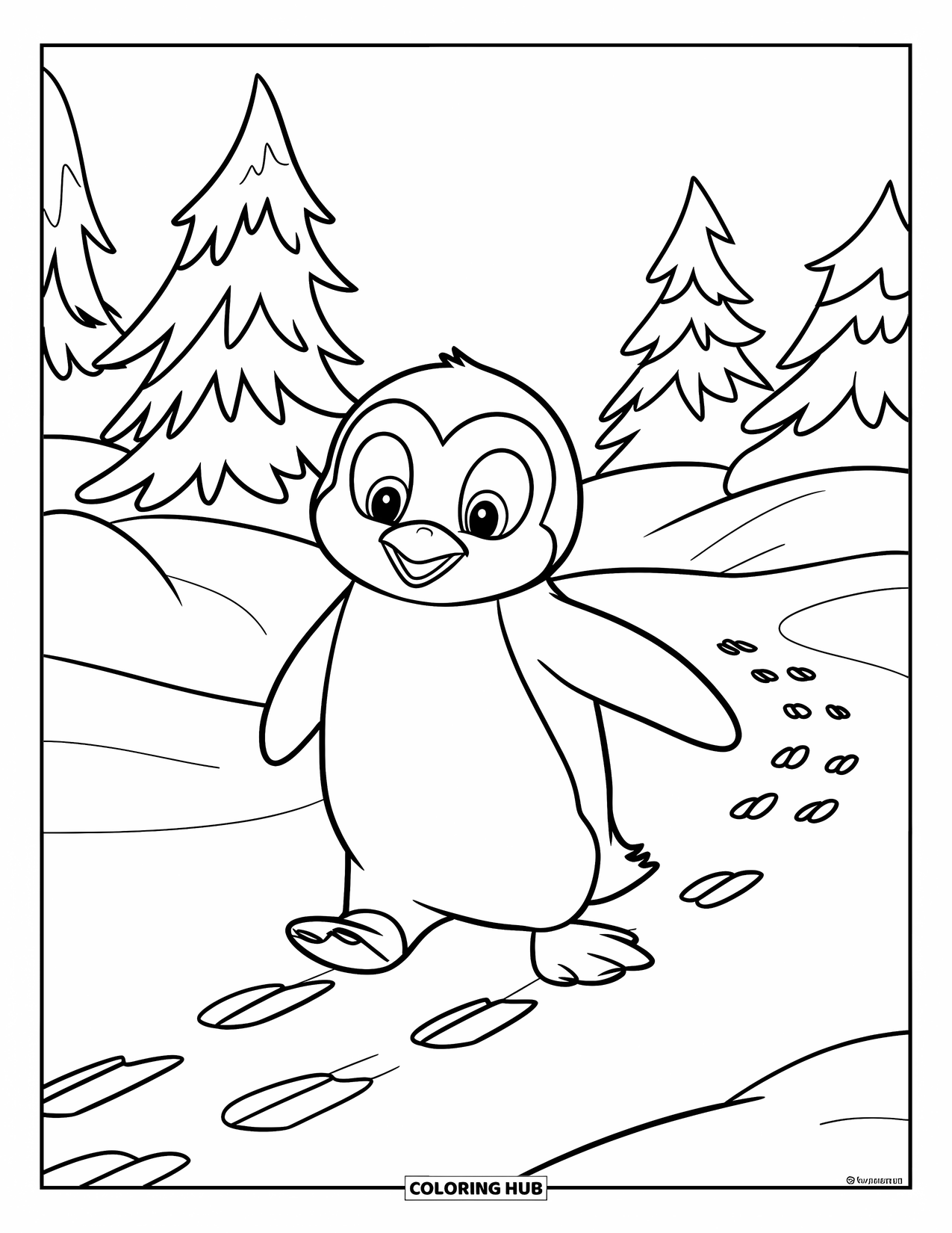 Penguin Coloring Page for Kids: A penguin walks through deep snow, surrounded by tall, snow-covered trees