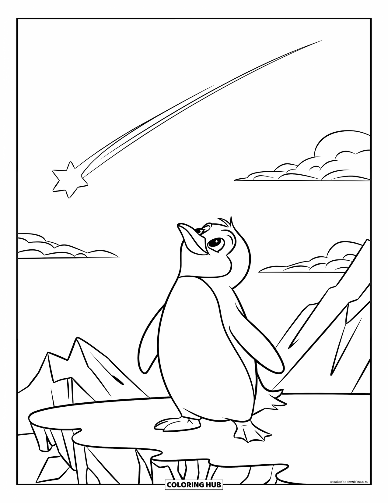 Penguin Coloring Page for Kids: A penguin watches a shooting star while standing on a snowy platform