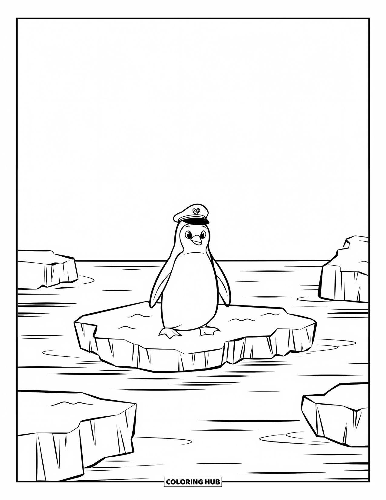 Penguin Coloring Page for Kids: A penguin wearing a captain's hat rides a floating chunk of ice like a boat