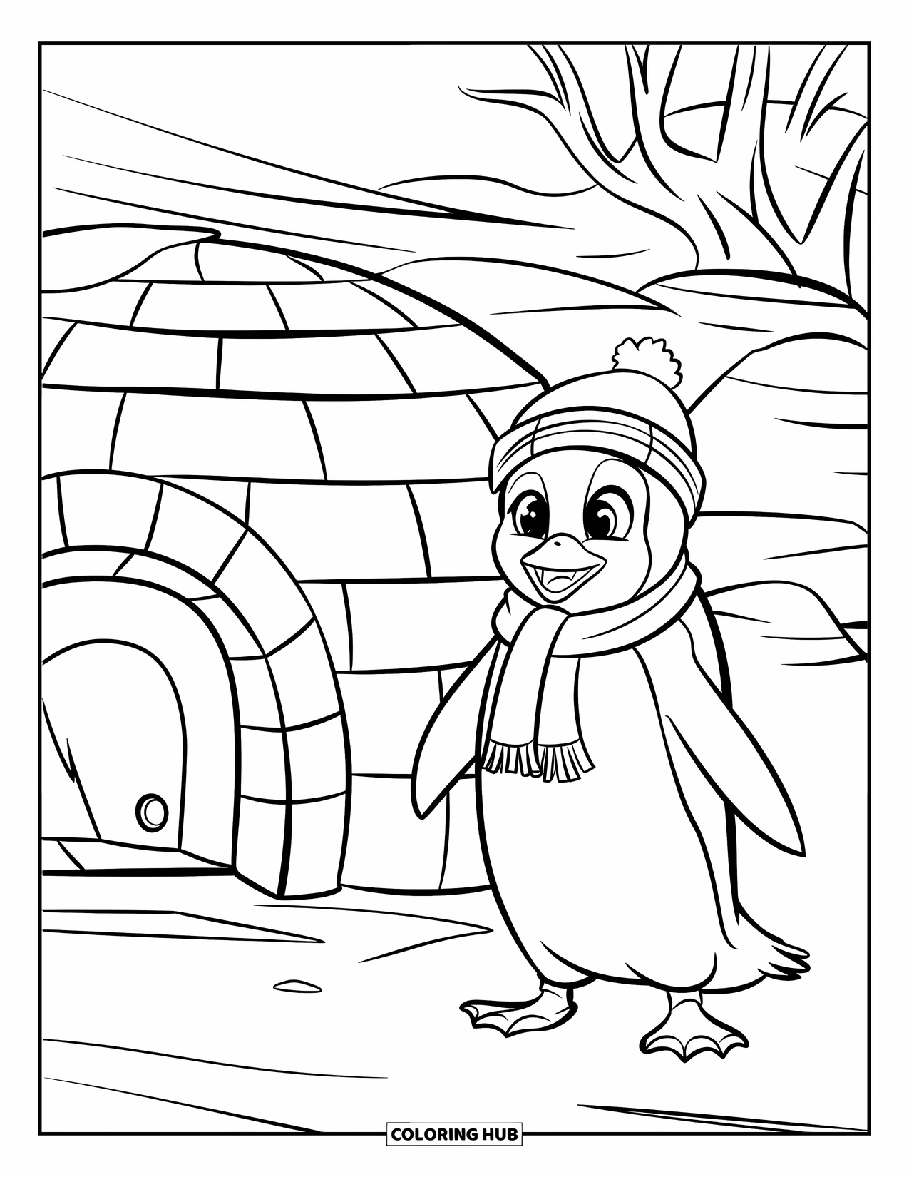 Penguin Coloring Page for Kids: A penguin wearing a hat and scarf stands beside an igloo in a snowy landscape