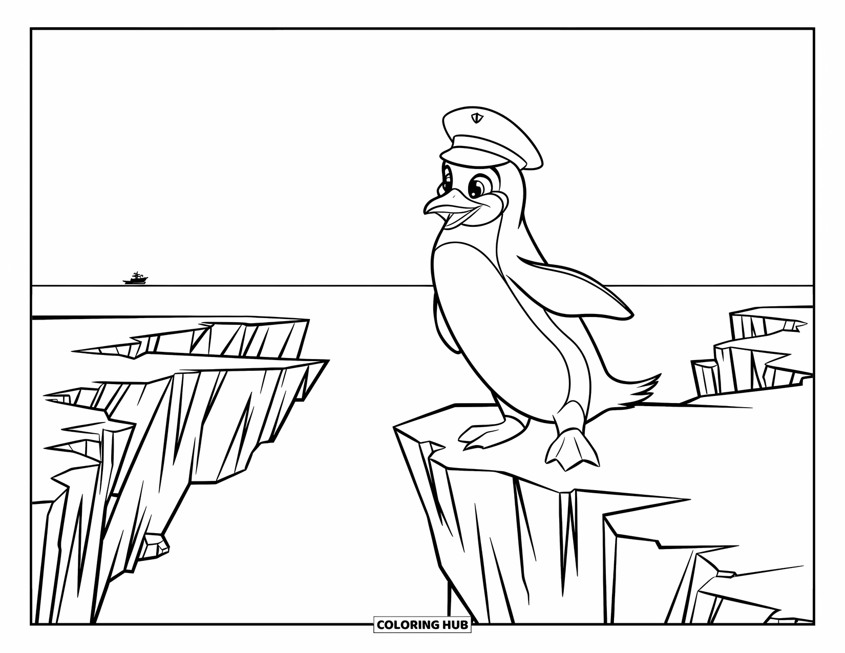 Penguin Coloring Page for Kids: A penguin wearing a sailor's hat gazes at a distant ship from a high cliff