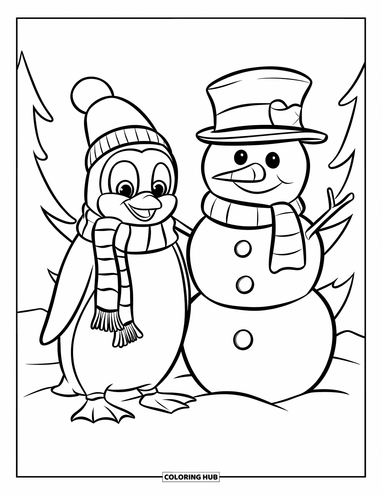 Penguin Coloring Page for Kids: A penguin wearing a scarf and a snowman stand together among snowy trees