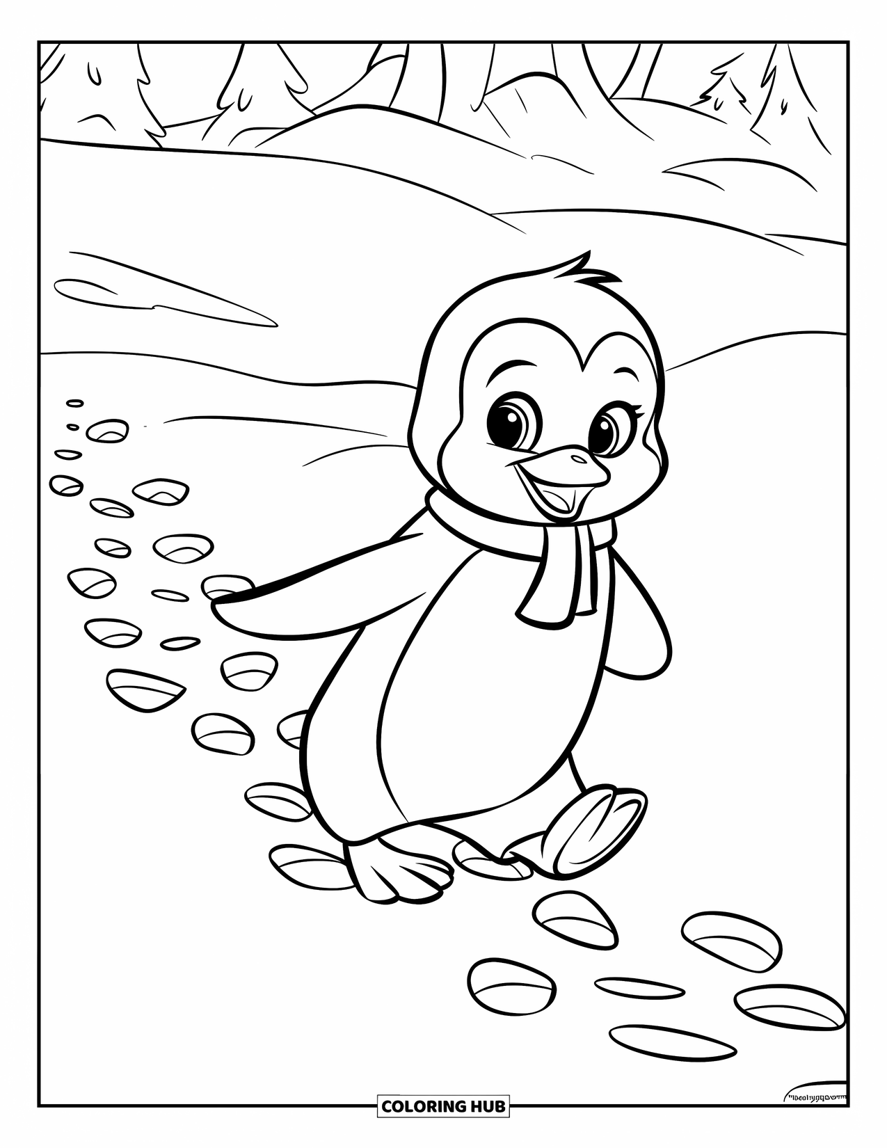 Penguin Coloring Page for Kids: A penguin wearing a scarf leaves deep footprints as it walks through the snow