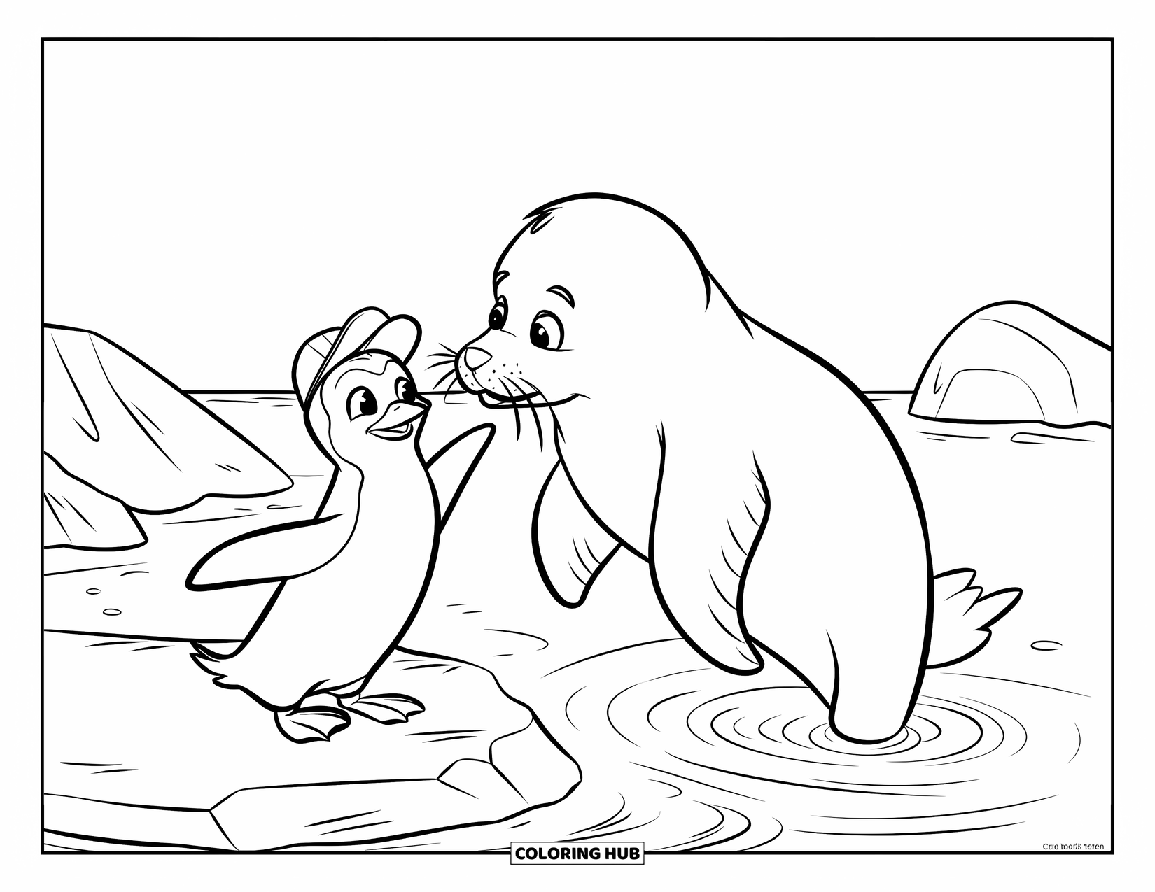 Penguin Coloring Page for Kids: A penguin wearing a tiny hat meets a curious seal near the rocky shore