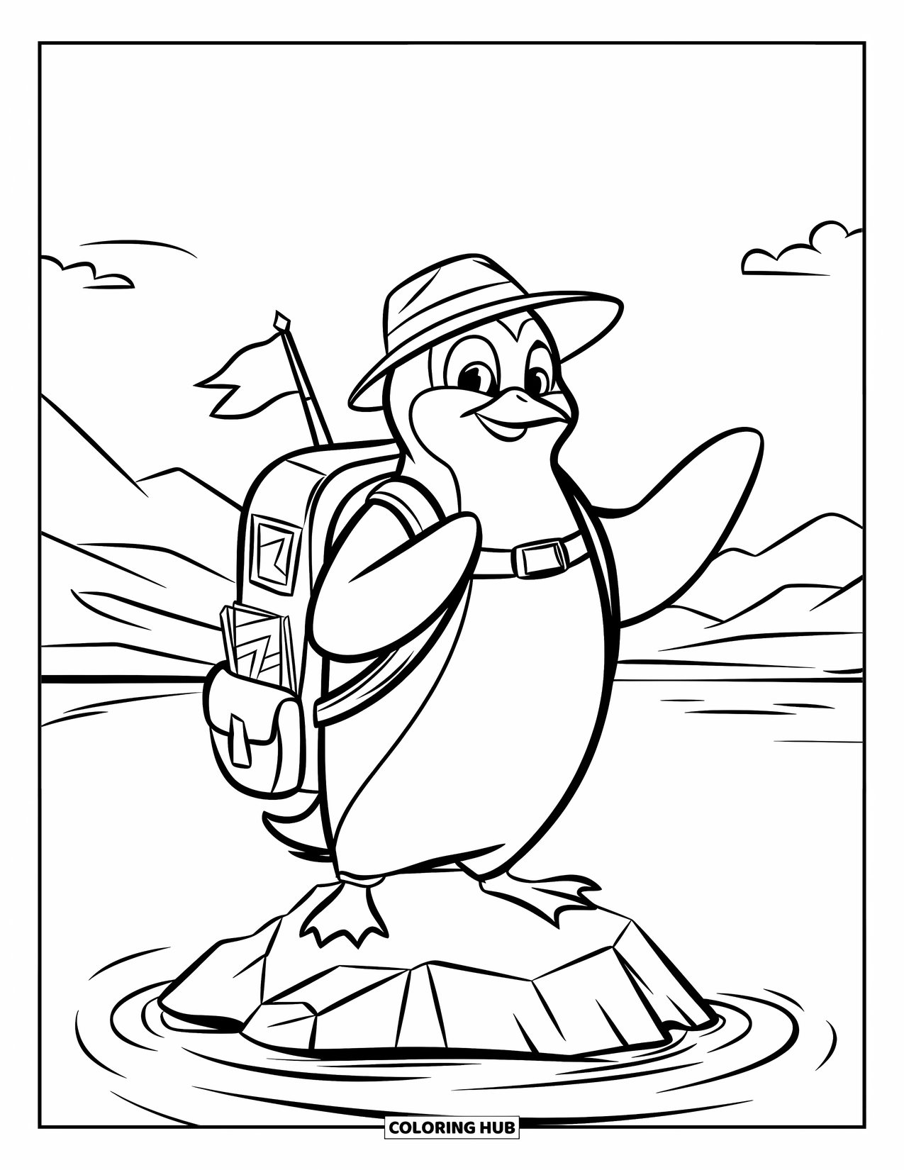 Penguin Coloring Page for Kids: A penguin with a backpack pretends to be an explorer, standing on a rocky shore