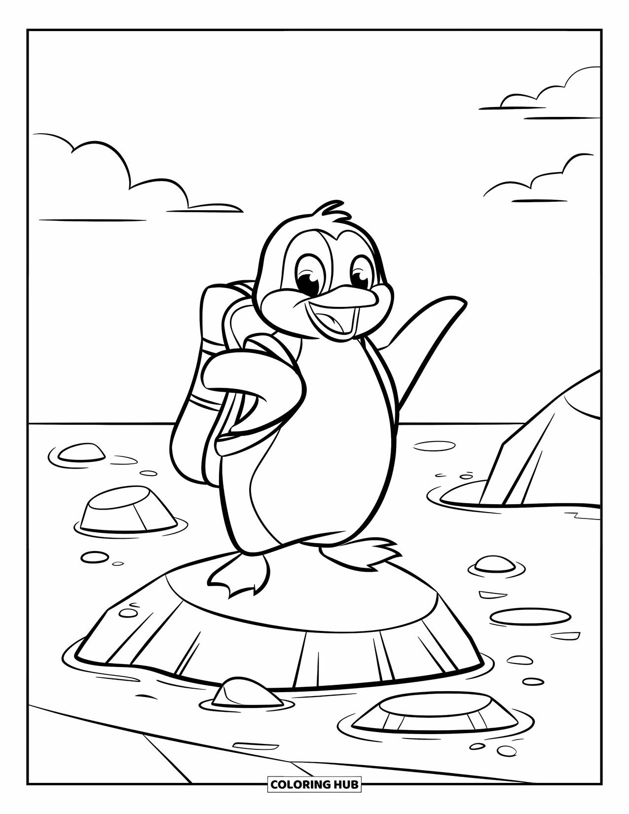 Penguin Coloring Page for Kids: A penguin with a map and flag explores a small island in the middle of the sea