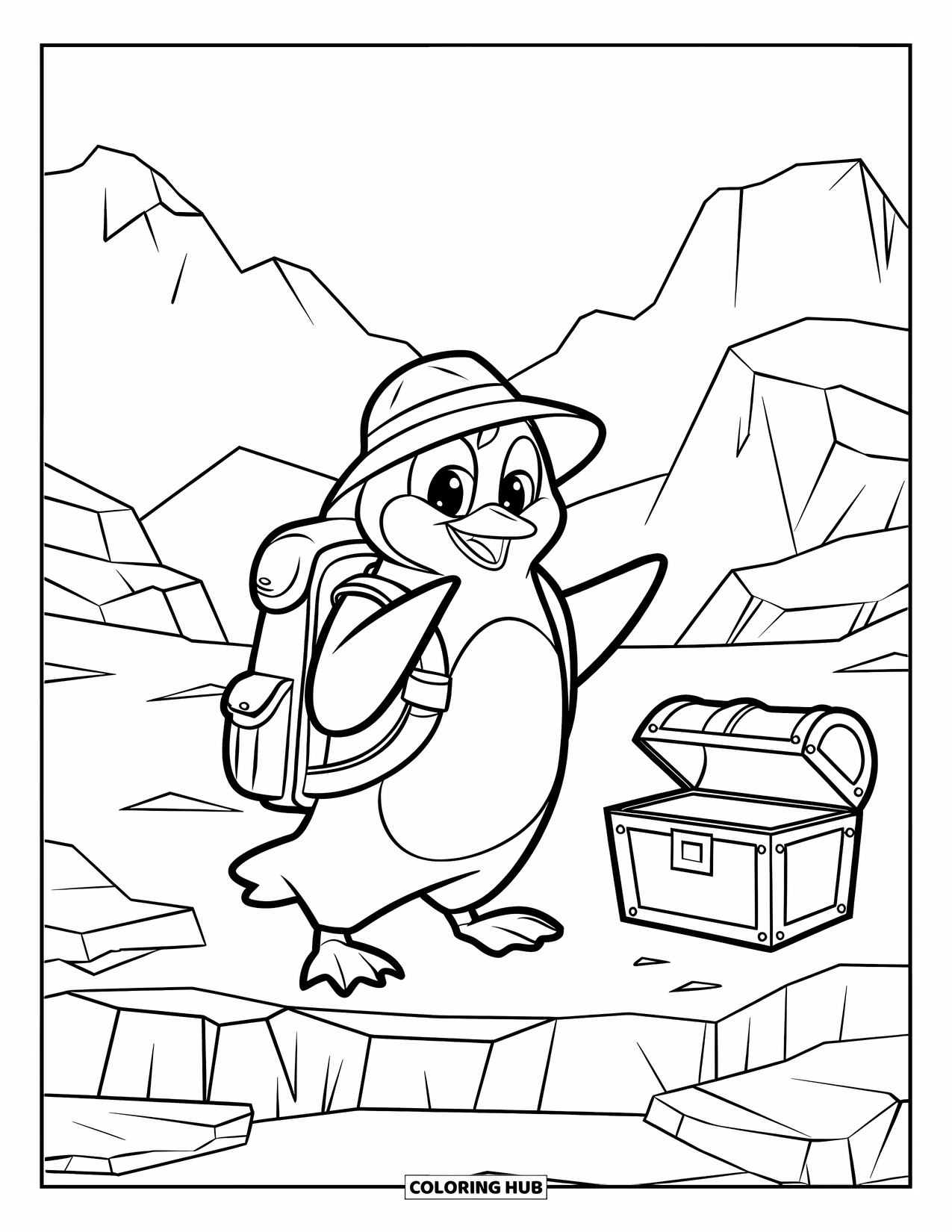 Penguin Coloring Page for Kids: A penguin with a treasure chest and backpack stands on rocky terrain