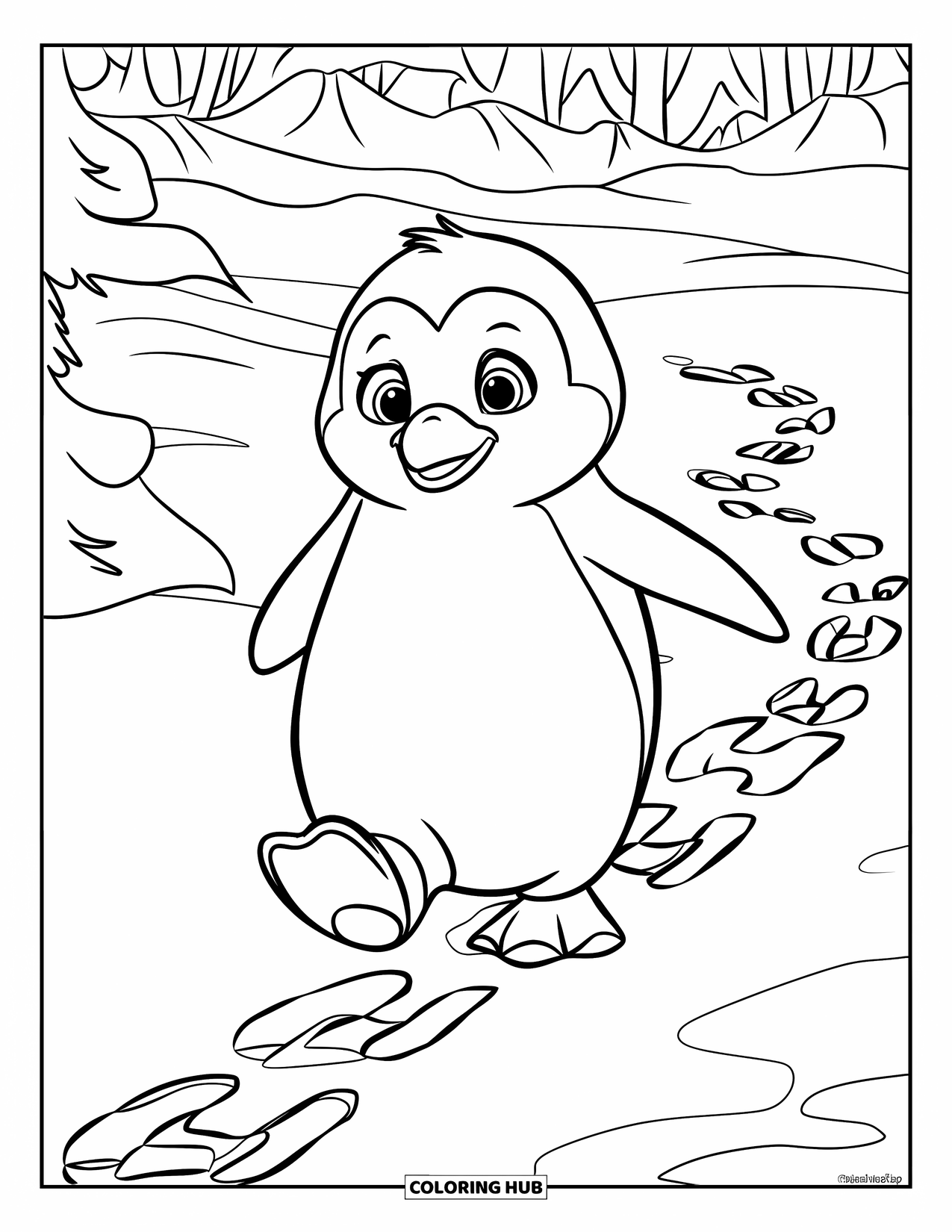 Penguin Coloring Page for Kids: A round penguin marches through snow, leaving a trail of footprints behind