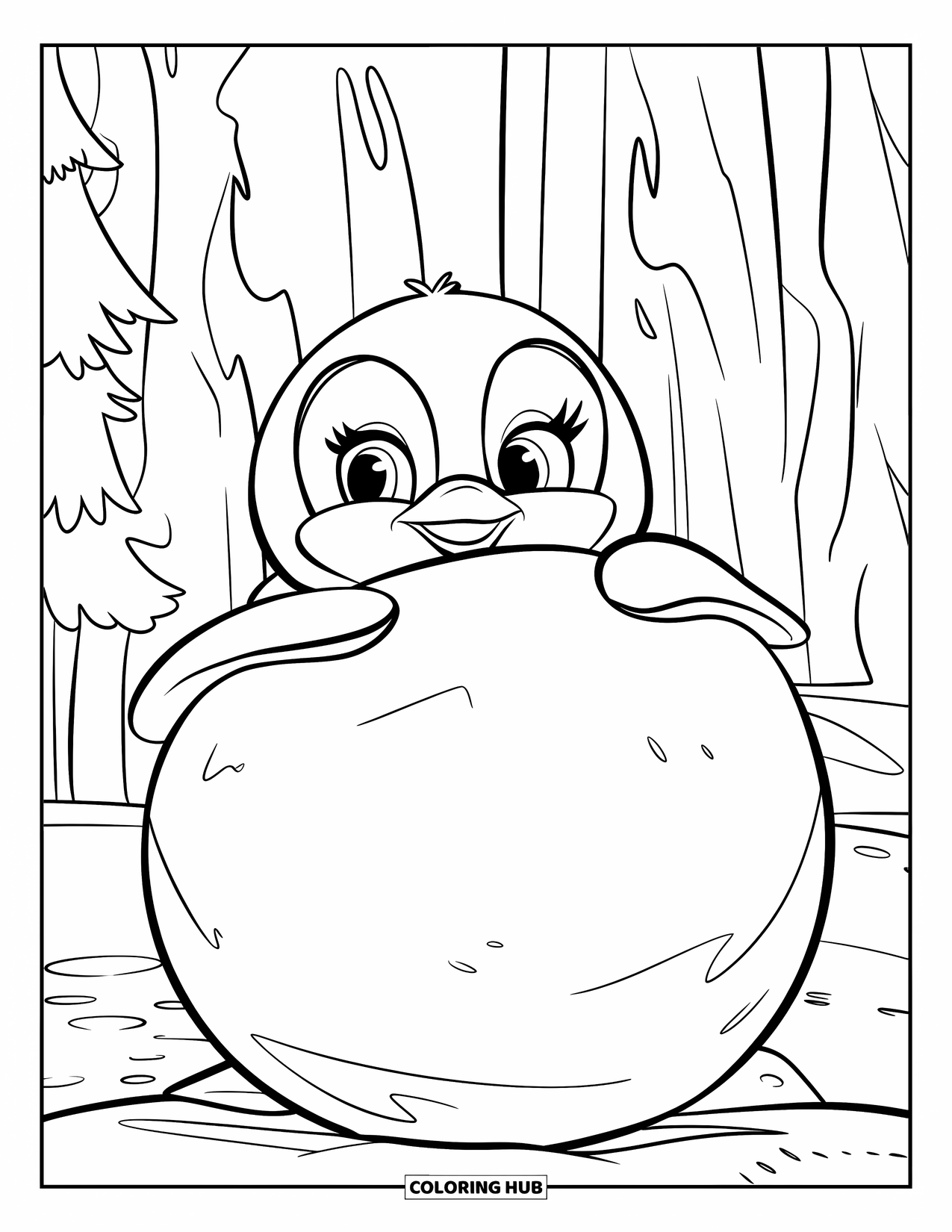Penguin Coloring Page for Kids: A round penguin peeks from behind a smooth snowball in a snowy forest