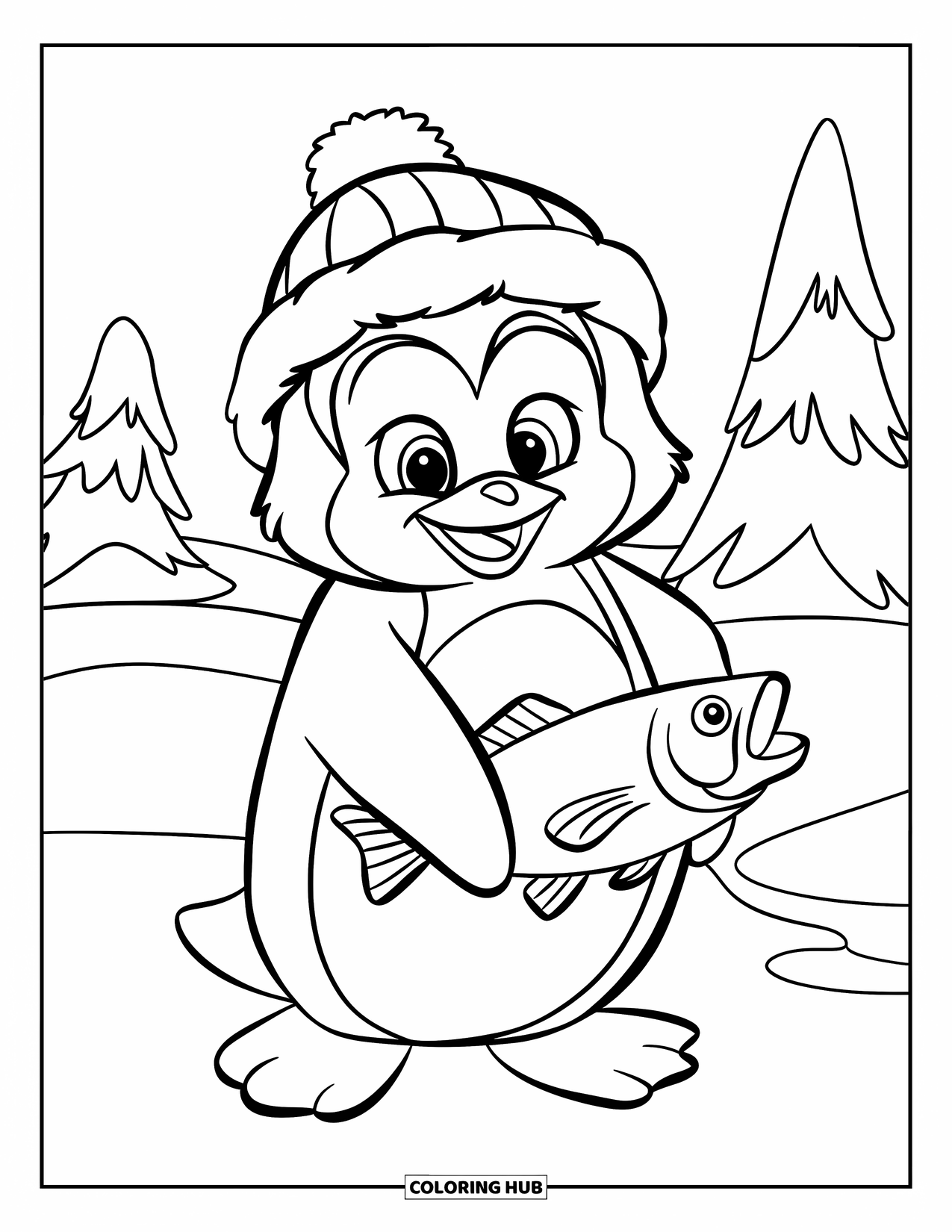 Penguin Coloring Page for Kids: A smiling penguin in a winter hat proudly holds a big fish in the snow