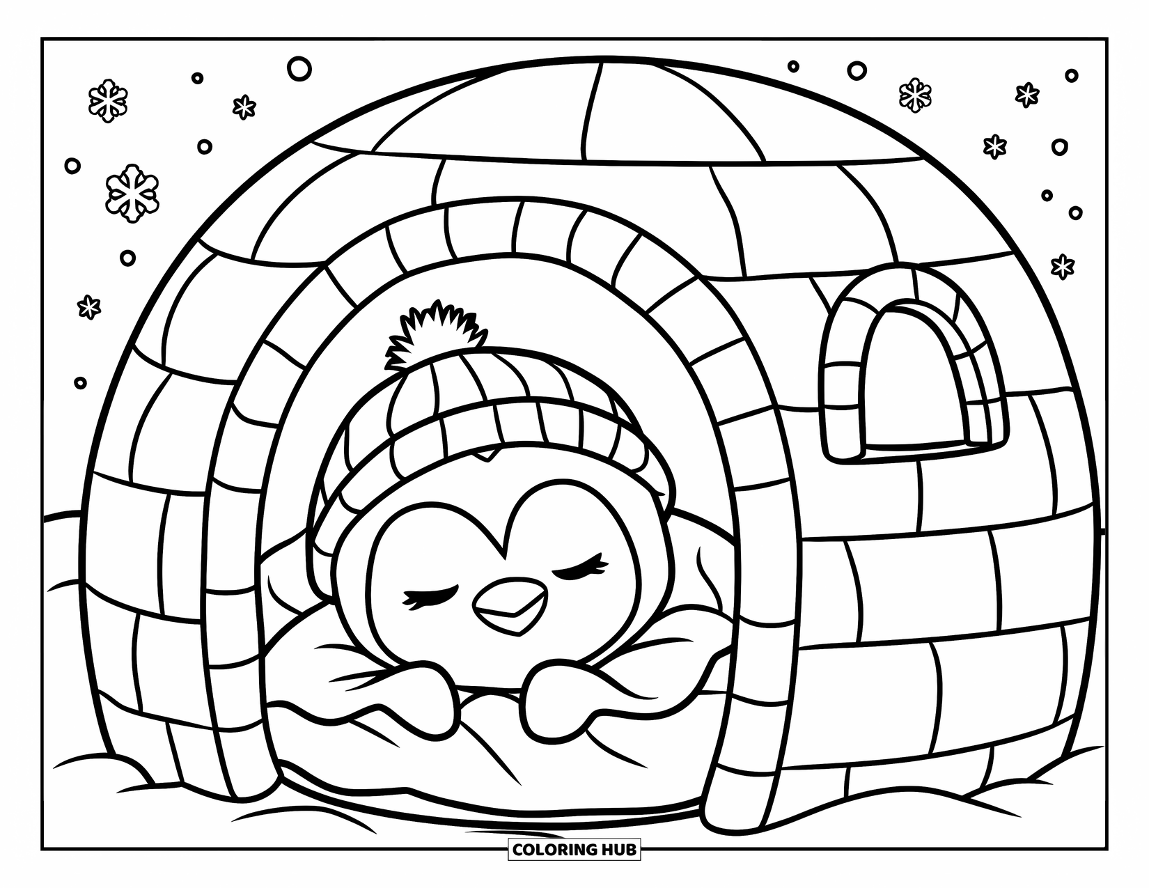 Penguin Coloring Page for Kids: A tiny penguin in a hat naps inside an igloo as snowflakes fall
