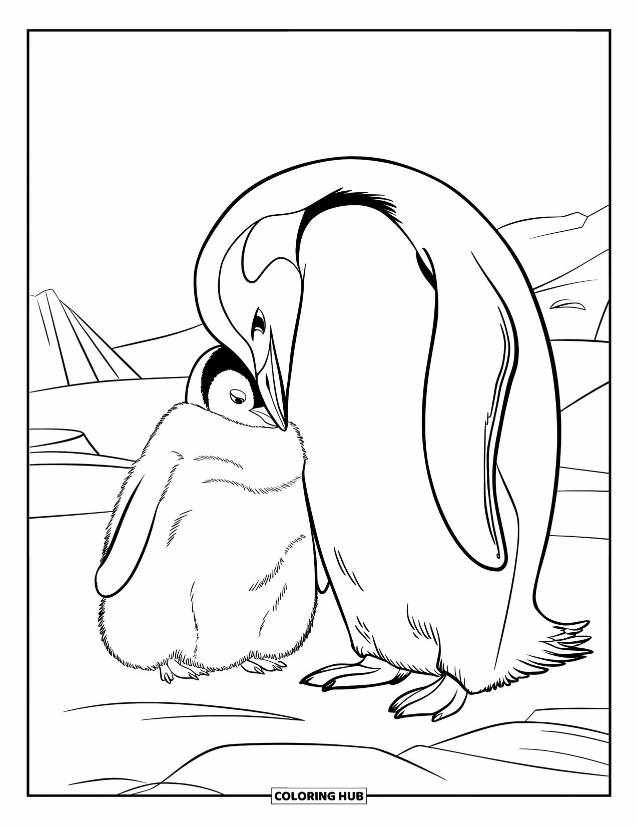 Penguin Coloring Page for Kids: An emperor penguin and its chick sit on a snowy hill with mountains in the distance