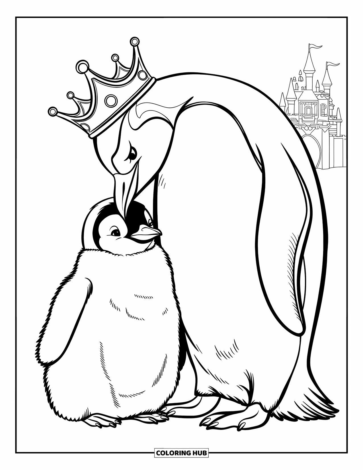 Penguin Coloring Page for Kids: An emperor penguin wearing a crown stands with its chick near a castle