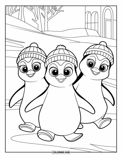 Çocuklar için Penguen Boyama Sayfası: Şapkalı üç penguen sıcak bir binanın yakınında karlı manzarayı keşfediyor